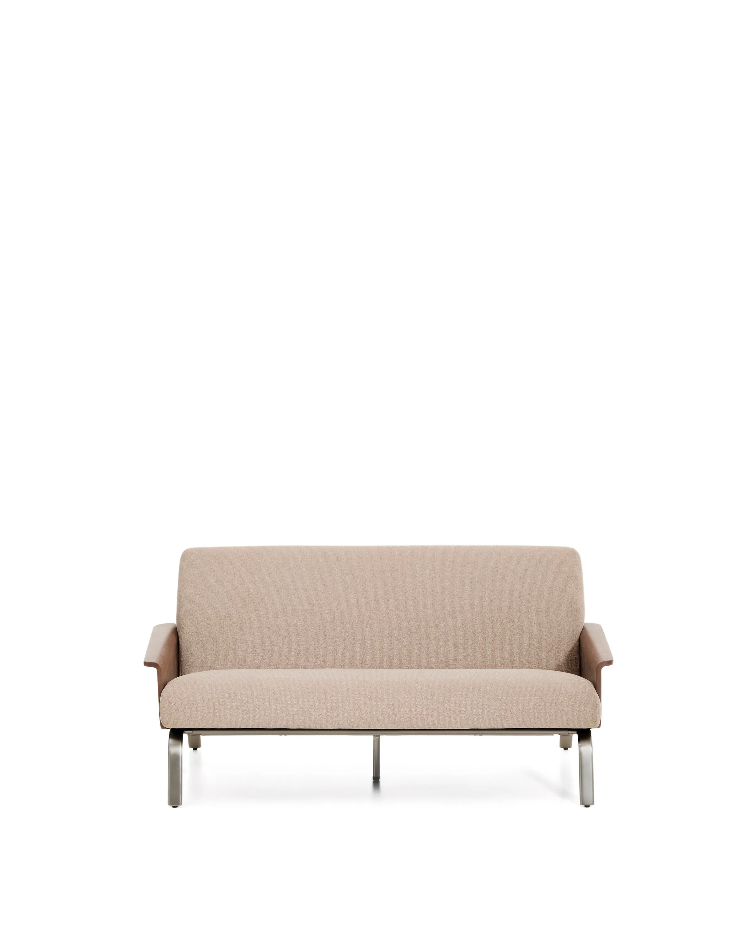 2-Sitzer-Sofa Amsen in Hellbraun aus Nussbaumsperrholz und Beinen aus em gebürsteten Edelstahl 150 cm FSC 100 %