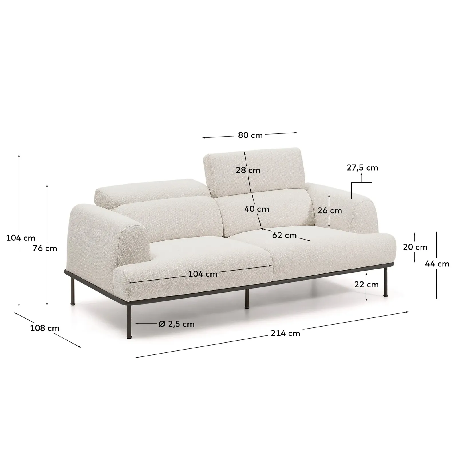 2-Sitzer-Sofa Aurum aus ecrufarbener Chenille mit verstellbarem Kopfteil und mattgrauer Metallbasis 210 cm FSC Mix Credit - Image 4