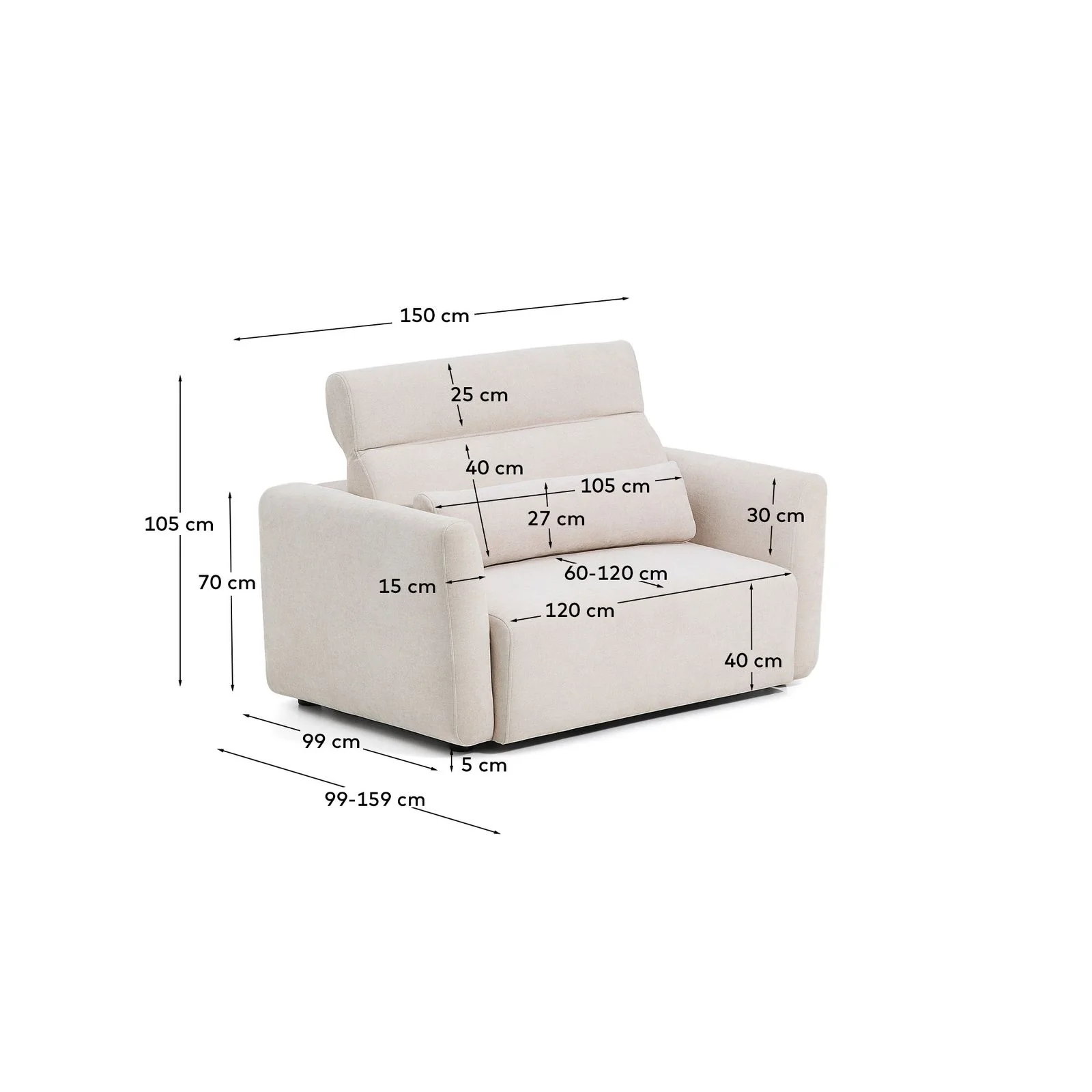 2-Sitzer-Sofa Lares mit elektrisch ausfahrbaren Sitzen und verstellbarer Kopfstütze in beiger Chenille, 150 cm - Image 6