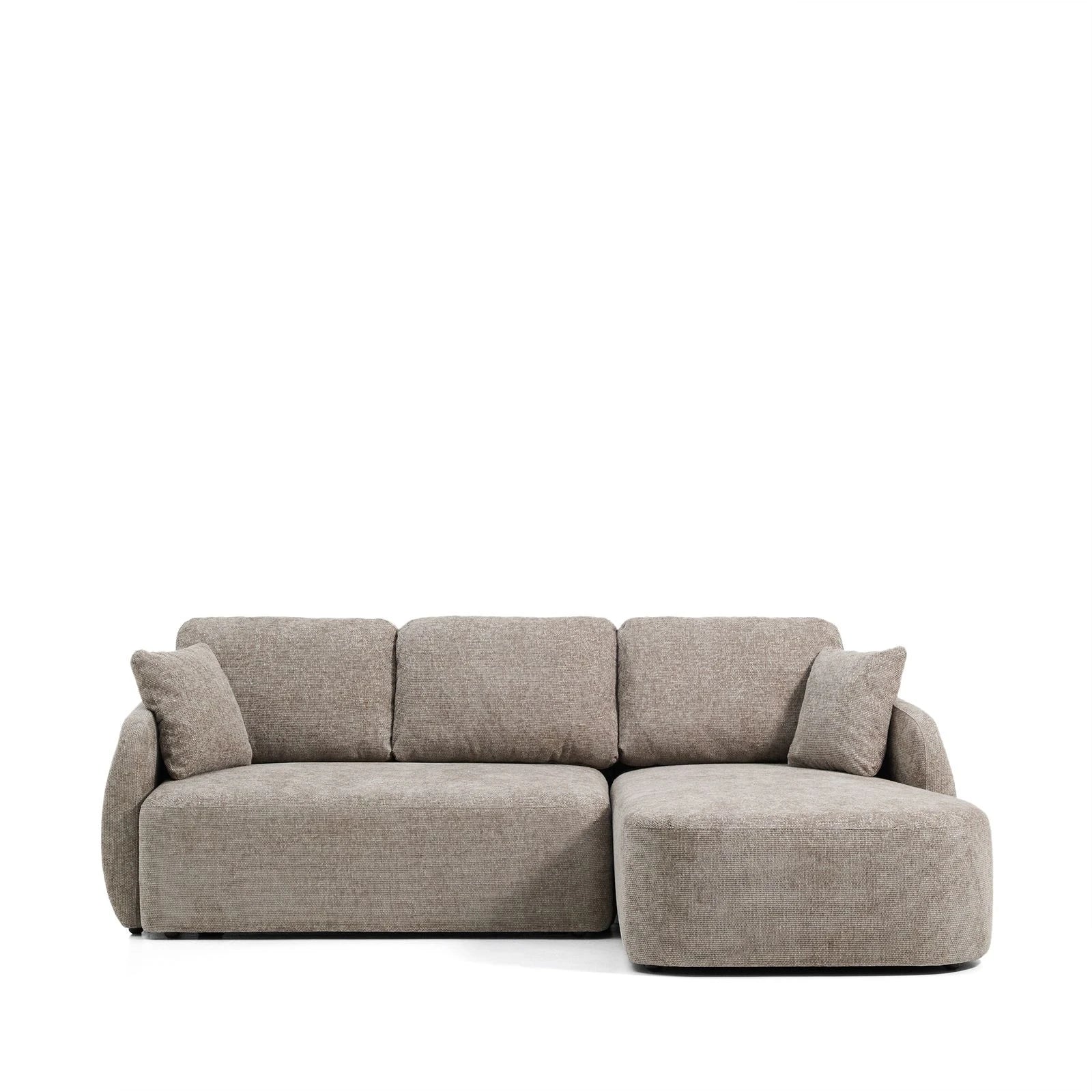 3-Sitzer-Bettsofa Laira in taupefarbener Chenille und Chaiselongue rechts, 246 cm, FSC Mix Credit