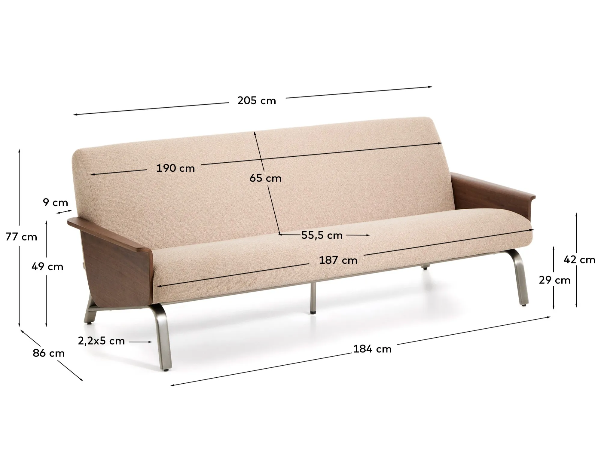 3-Sitzer-Sofa Amsen in Hellbraun aus Nussbaumsperrholz und Beinen aus em gebürsteten Edelstahl 190 cm FSC 100 % - Image 3
