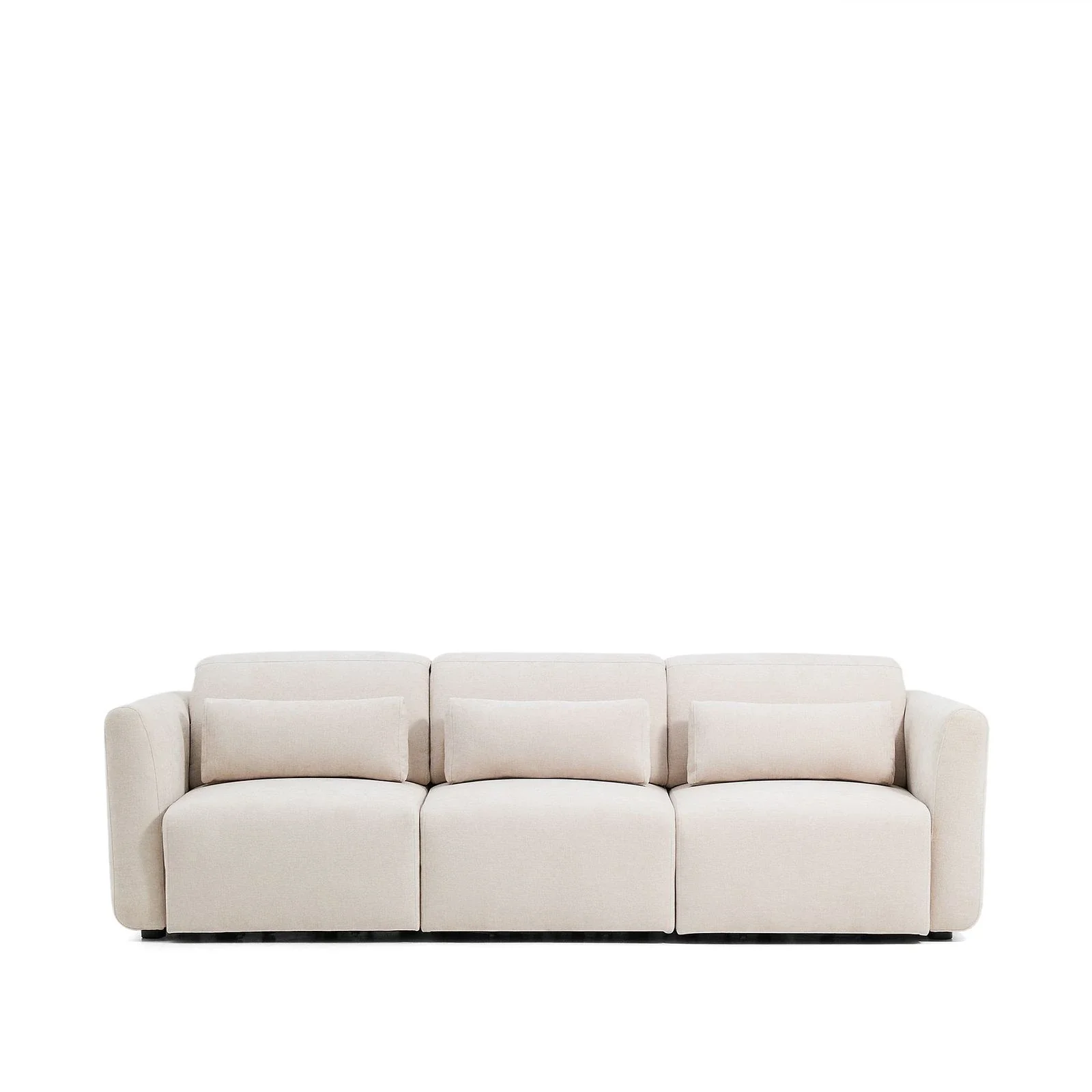 3-Sitzer-Sofa Lares mit elektrisch ausfahrbaren Sitzen und verstellbarer Kopfstütze in beiger Chenille, 255 cm