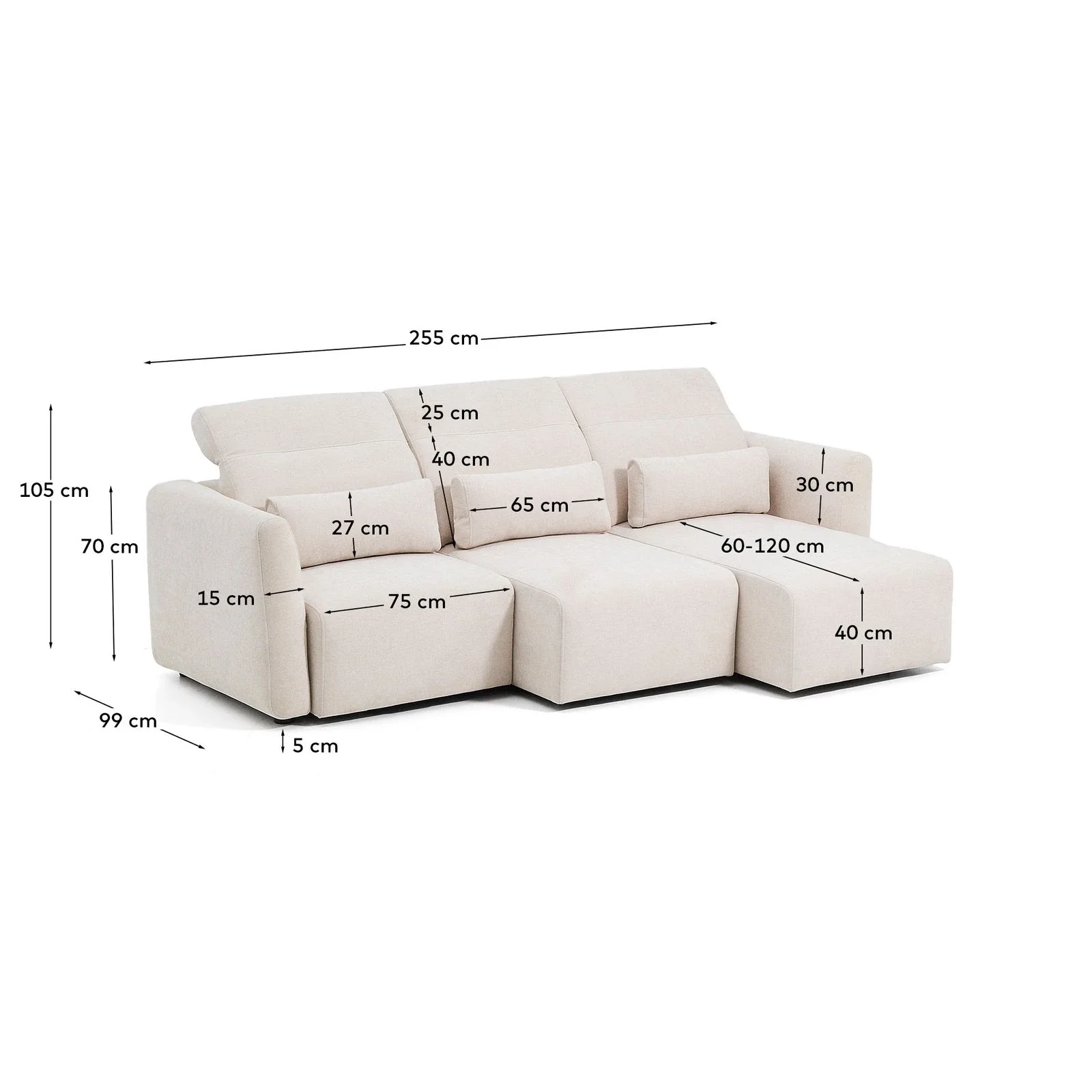 3-Sitzer-Sofa Lares mit elektrisch ausfahrbaren Sitzen und verstellbarer Kopfstütze in beiger Chenille, 255 cm - Image 6