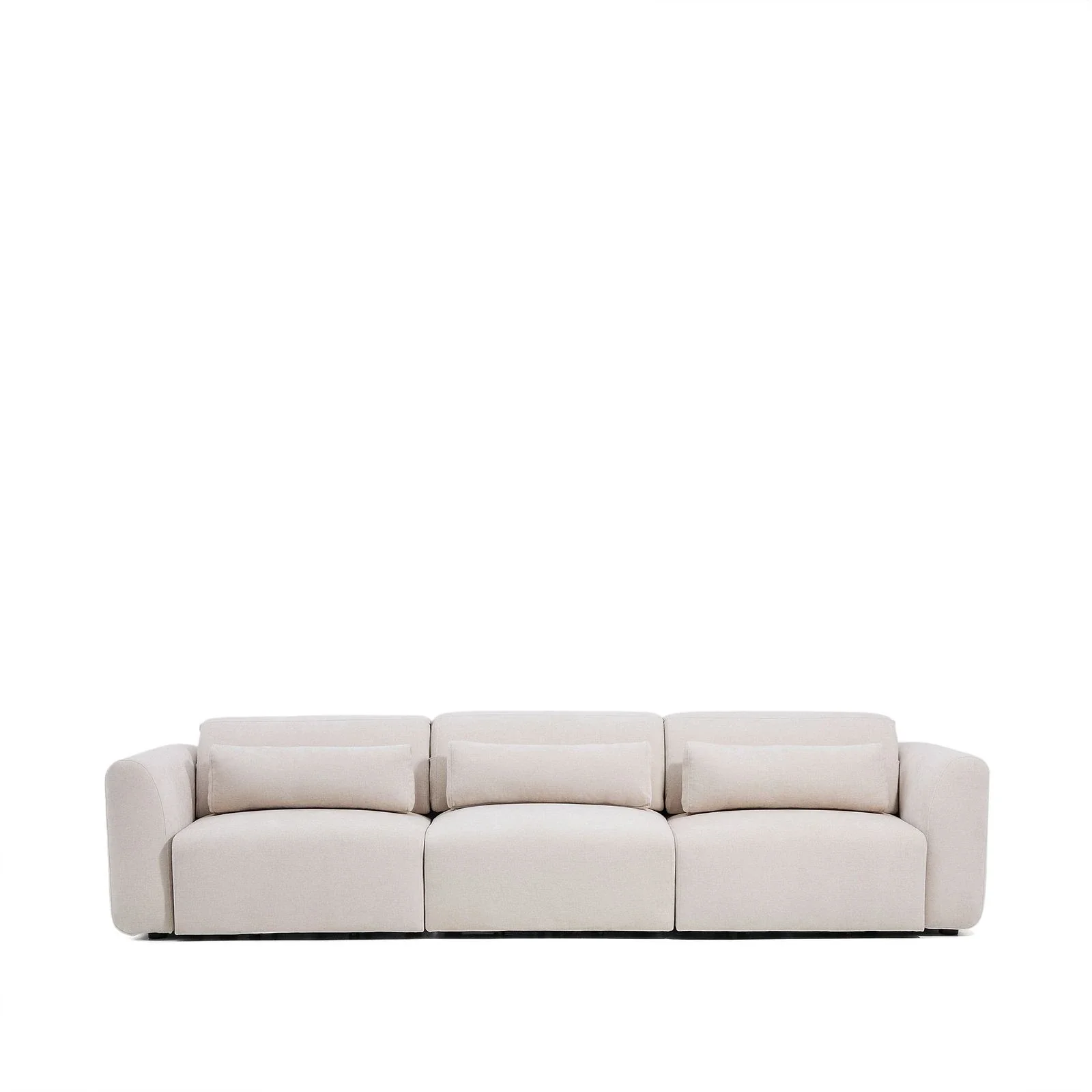 5-Sitzer-Sofa Lares mit elektrisch ausfahrbaren Sitzen und verstellbarer Kopfstütze in beiger Chenille, 335 cm