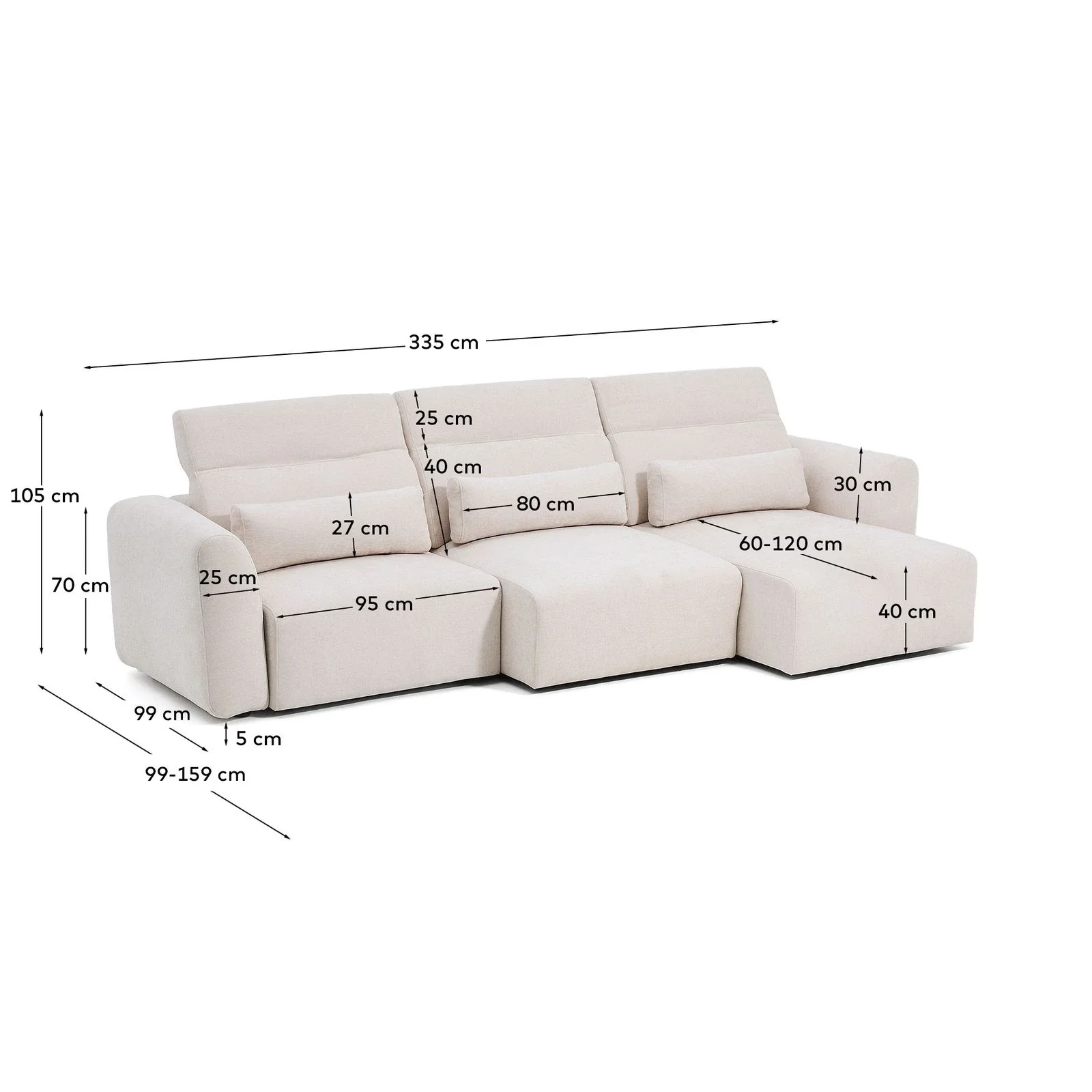 5-Sitzer-Sofa Lares mit elektrisch ausfahrbaren Sitzen und verstellbarer Kopfstütze in beiger Chenille, 335 cm - Image 6
