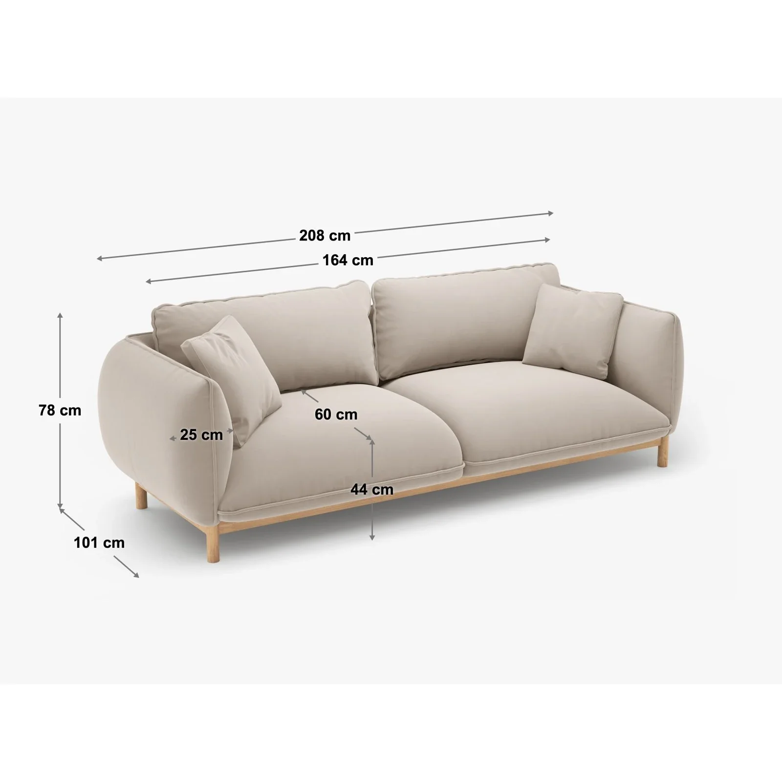 Ada 3-Sitzer Sofa aus Samt oder Strukturstoff, 208x101 cm - Image 7