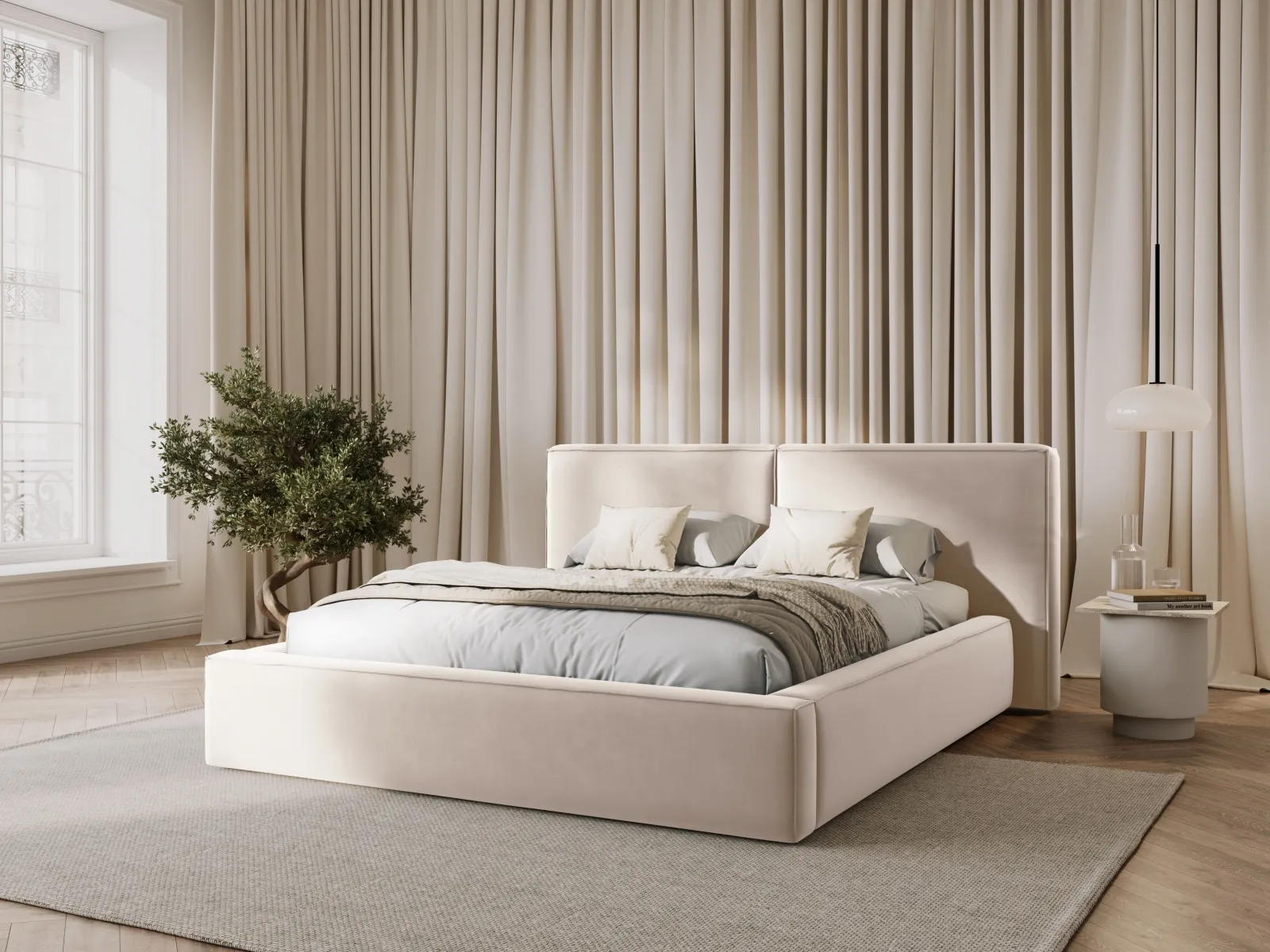 Arendal Bett mit Doppelkopfteil und Stauraum aus Samt oder Strukturstoff, 140x200 cm - Image 2