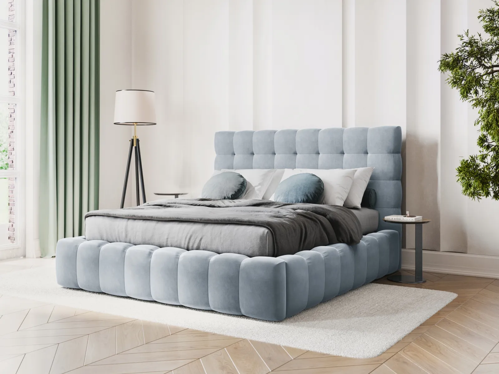 Bali Bett mit Kopfteil und Stauraum, Samtoptik, 140x200 cm - Image 10