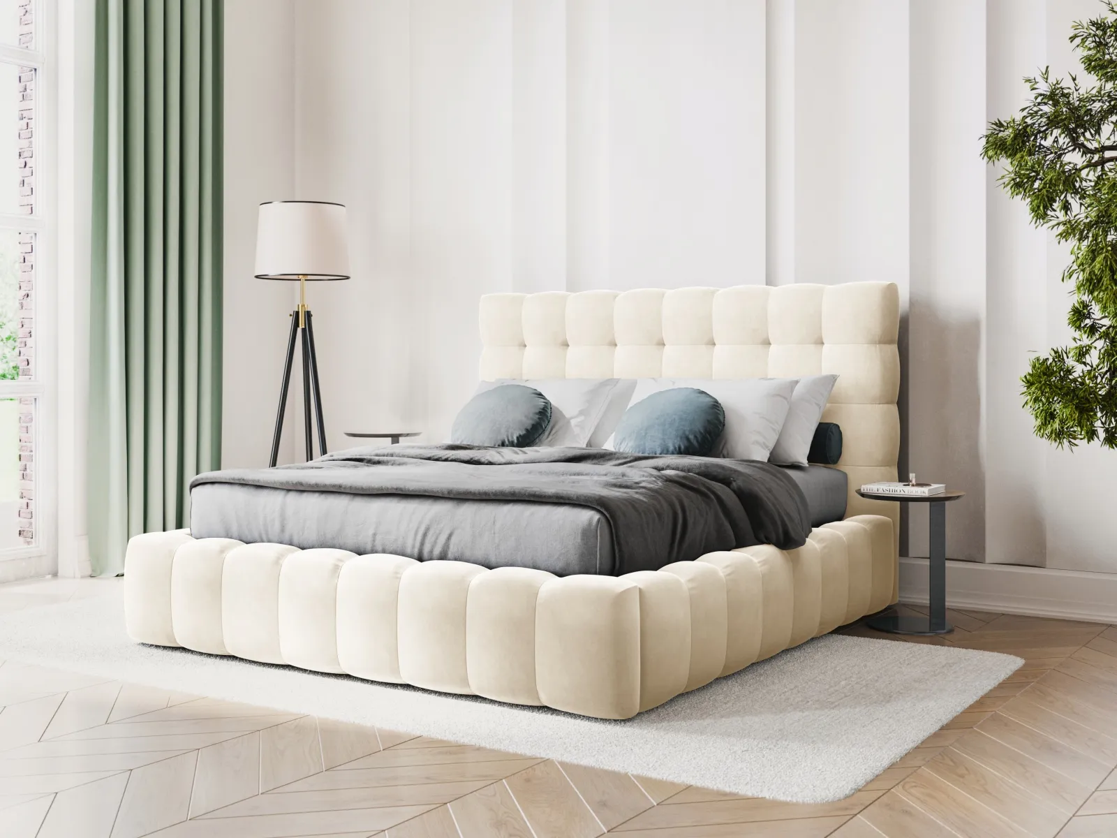 Bali Bett mit Kopfteil und Stauraum, Samtoptik, 180x200 cm - Image 2