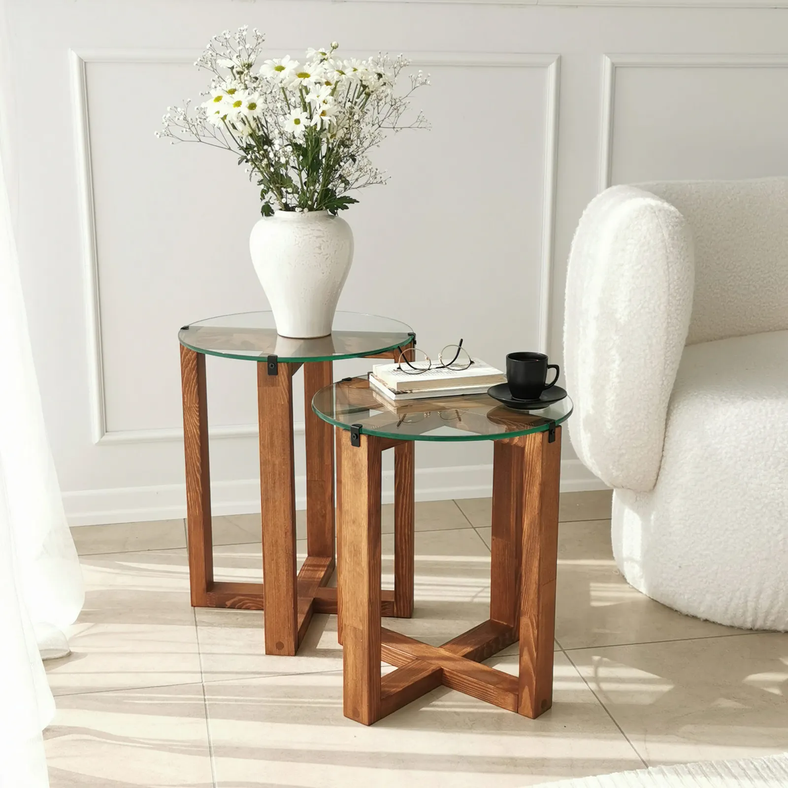 Beistelltisch Amalfi aus gehärtetem Glas und massivem Kiefernholz, 50×40×40 cm - Image 8