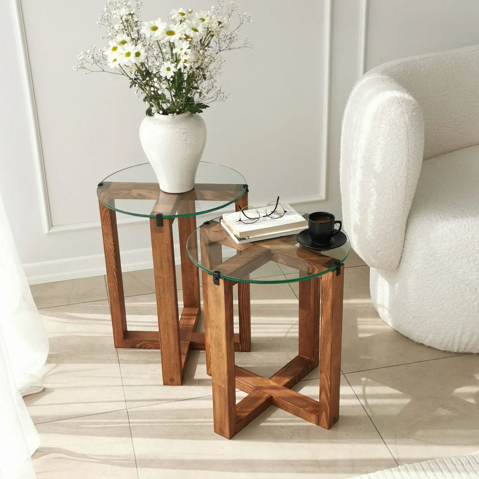 Beistelltisch Amalfi aus gehärtetem Glas und massivem Kiefernholz, 50×40×40 cm - Image 9