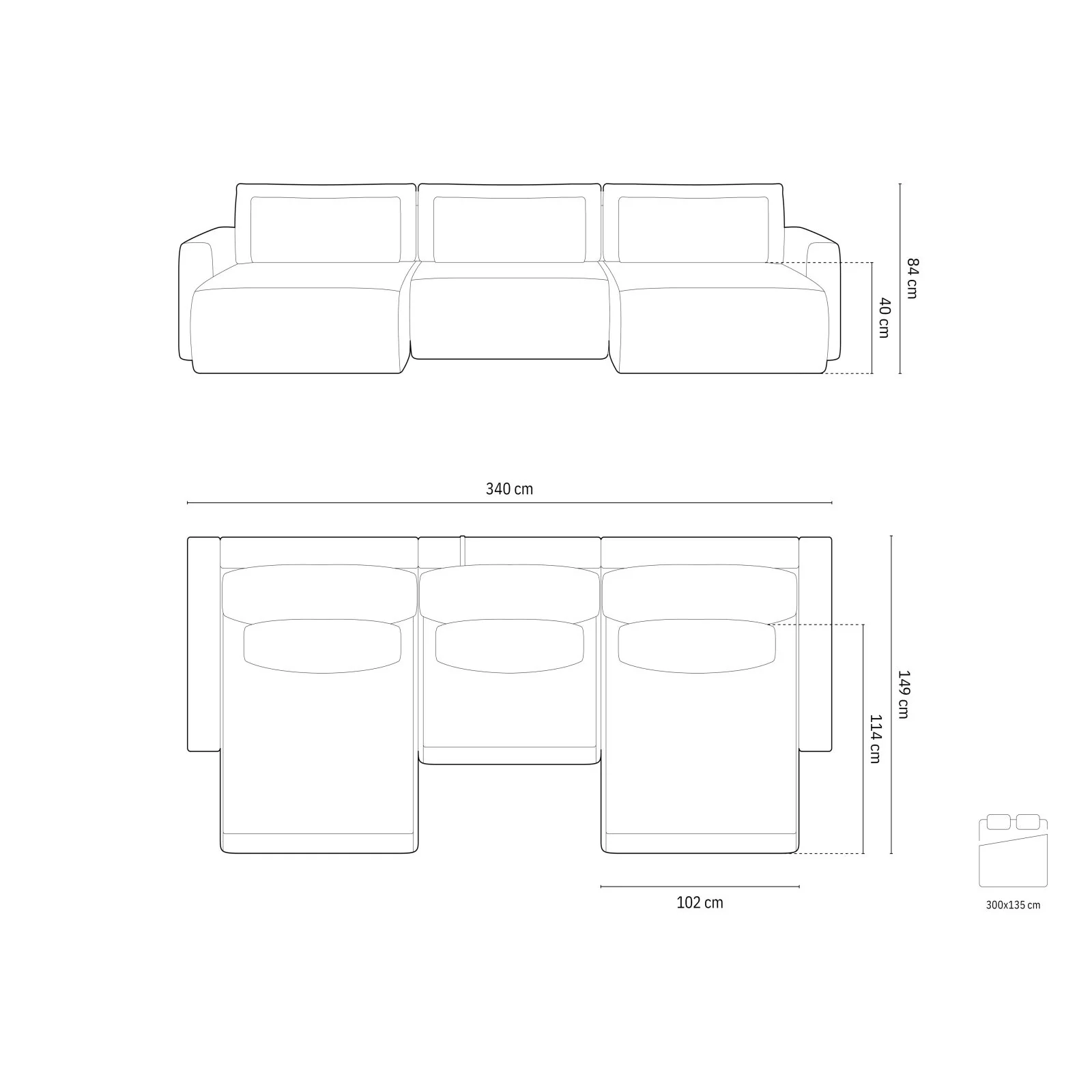 Belfast 4-Sitzer Panoramasofa mit Schlaffunktion, ausklappbar, aus Samt oder Strukturstoff, 340x149 cm - Image 10