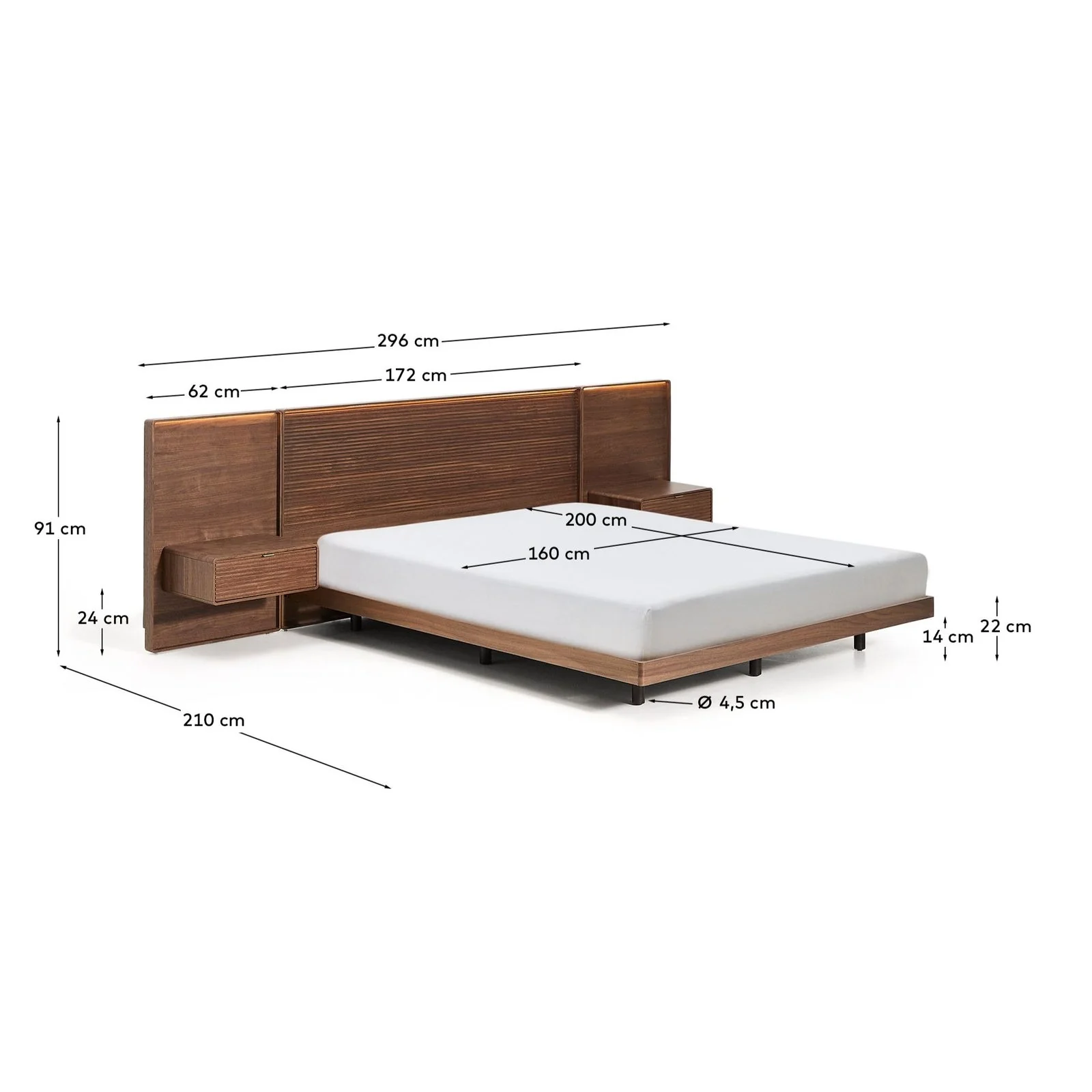 Bett Norlen mit zwei Nachttischen aus Nussbaumfurnier mit dunklem Finish und LED-Licht für Matratzen 160 x 200 cm FSC Mix Credit - Image 10