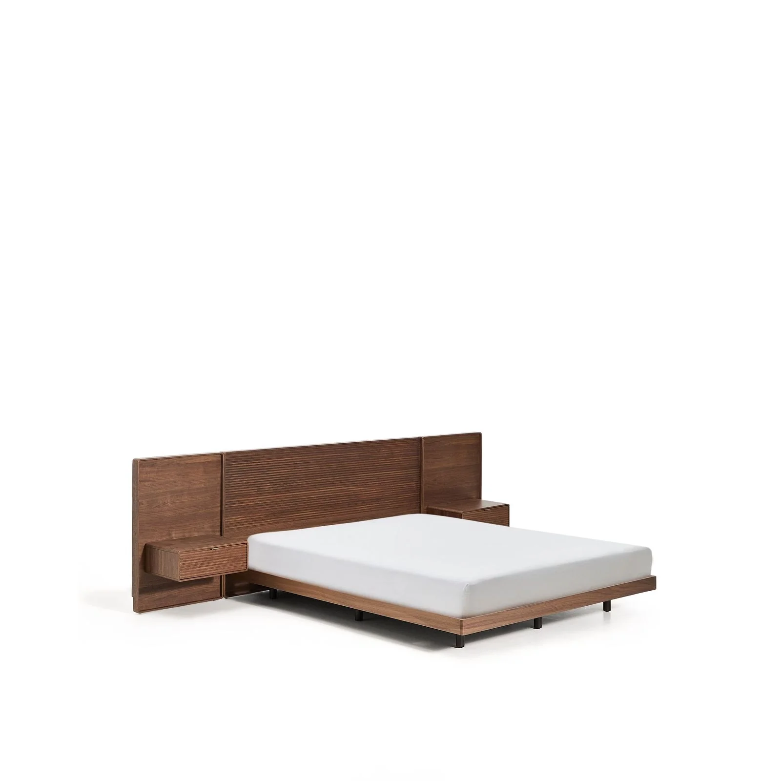 Bett Norlen mit zwei Nachttischen aus Nussbaumfurnier mit dunklem Finish und LED-Licht für Matratzen 160 x 200 cm FSC Mix Credit - Image 11