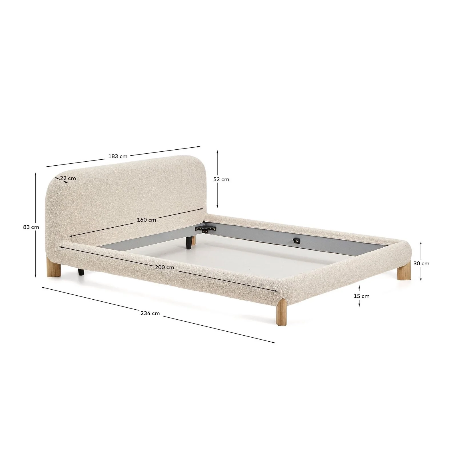 Bett Odina mit abnehmbarem Bezug aus ecrufarbenem Boucléstoff, Beine aus Eschenholz, naturfarbenes Finish, für Matratzen 160 x 200 cm - Image 4
