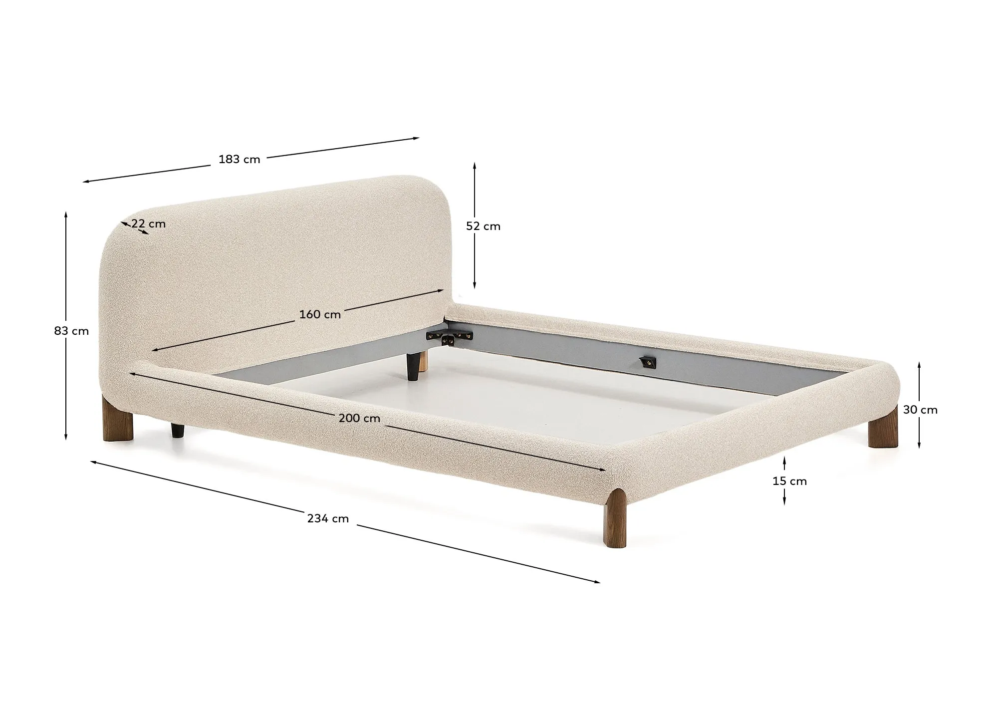 Bett Odina mit abnehmbarem Bezug aus ecrufarbenem Boucléstoff sowie Beinen aus massivem Eschenholz mit Nussbaum-Finish für Matratzen 160 x 200 cm - Image 7