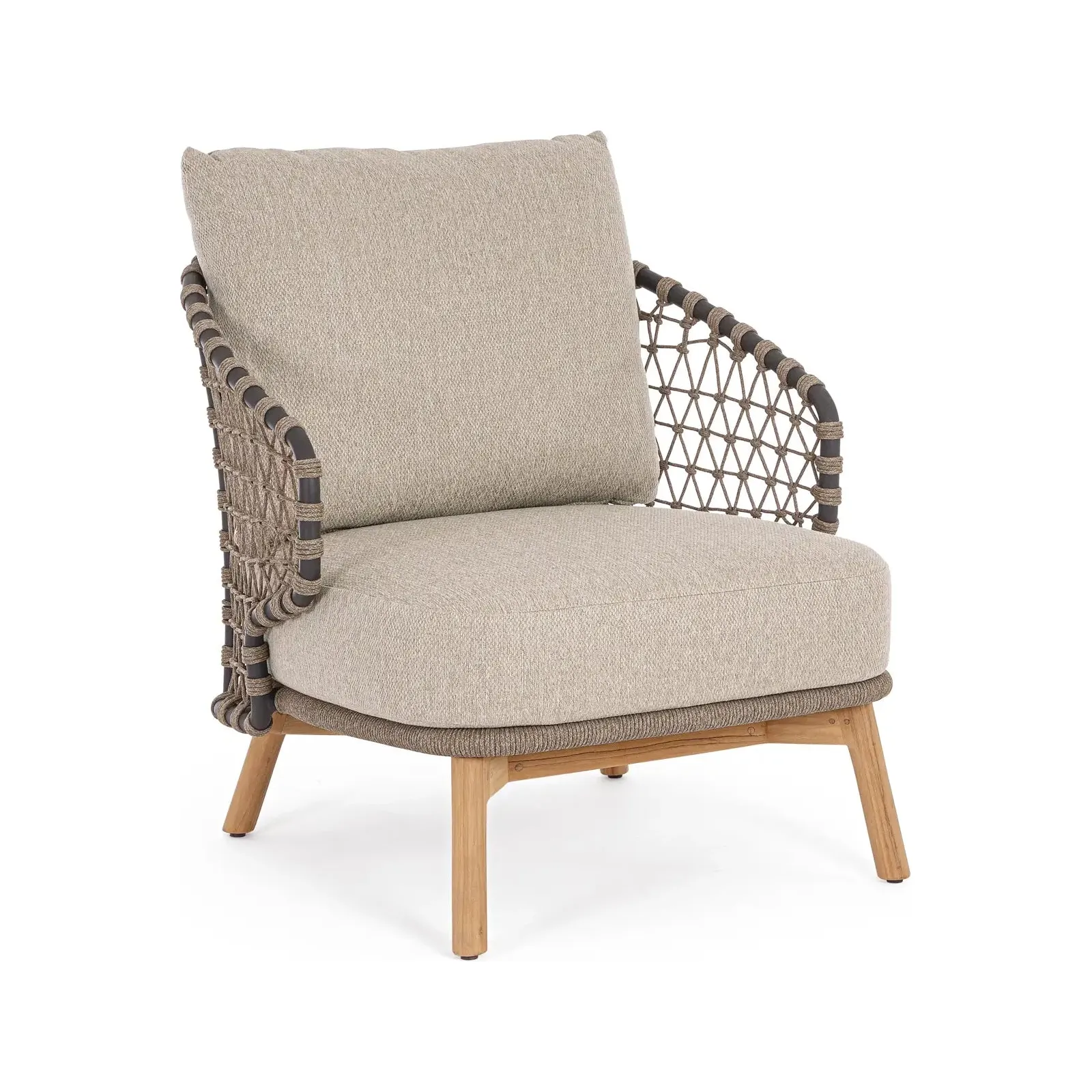 Outdoor Sessel Eularia mit Armlehnen aus Aluminium, Seil und Teakholz