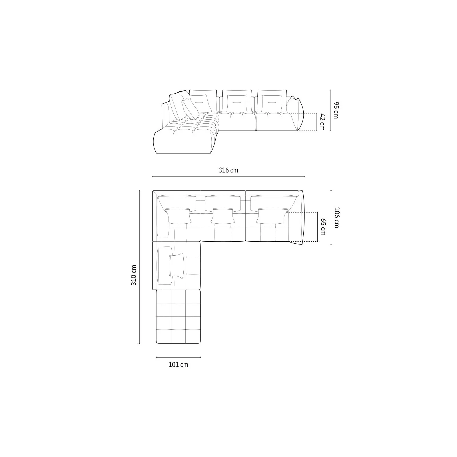 Bloom modulares 4-Sitzer Ecksofa Links, mit Bezug aus Samt oder Strukturstoff, 316x310 cm - Image 49