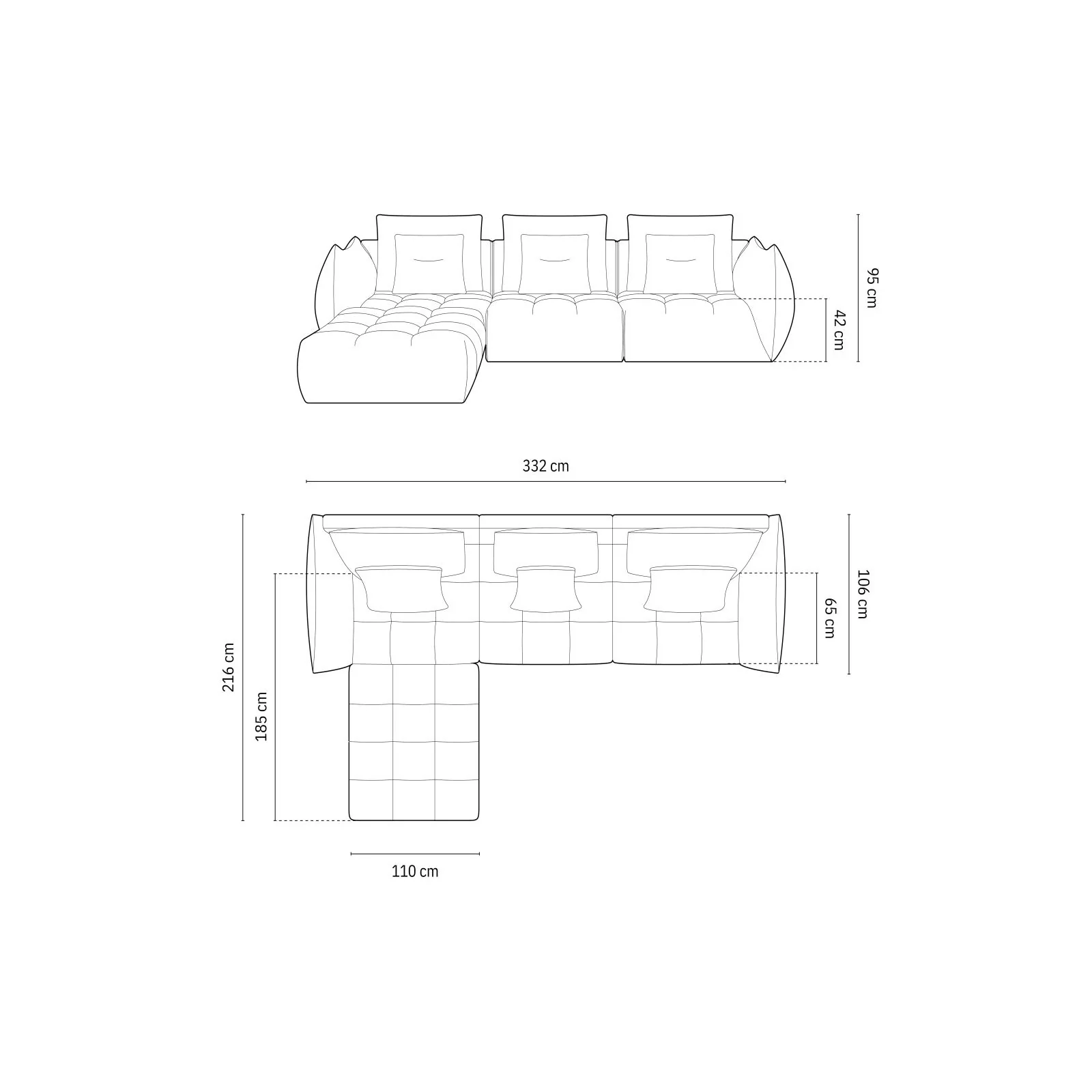 Bloom modulares 4-Sitzer Sofa mit Poufmodul, mit Bezug aus Samt oder Strukturstoff, 332x216 cm - Image 49