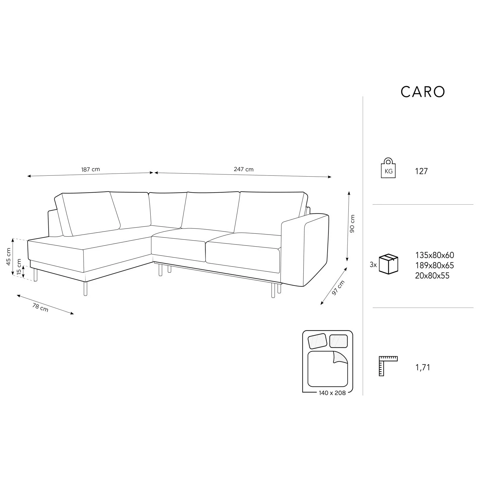 Caro 5-Sitzer Ecksofa Linke Seite, mit Schlaffunktion, in Samt oder Strukturstoff, 247x187 cm - Image 30