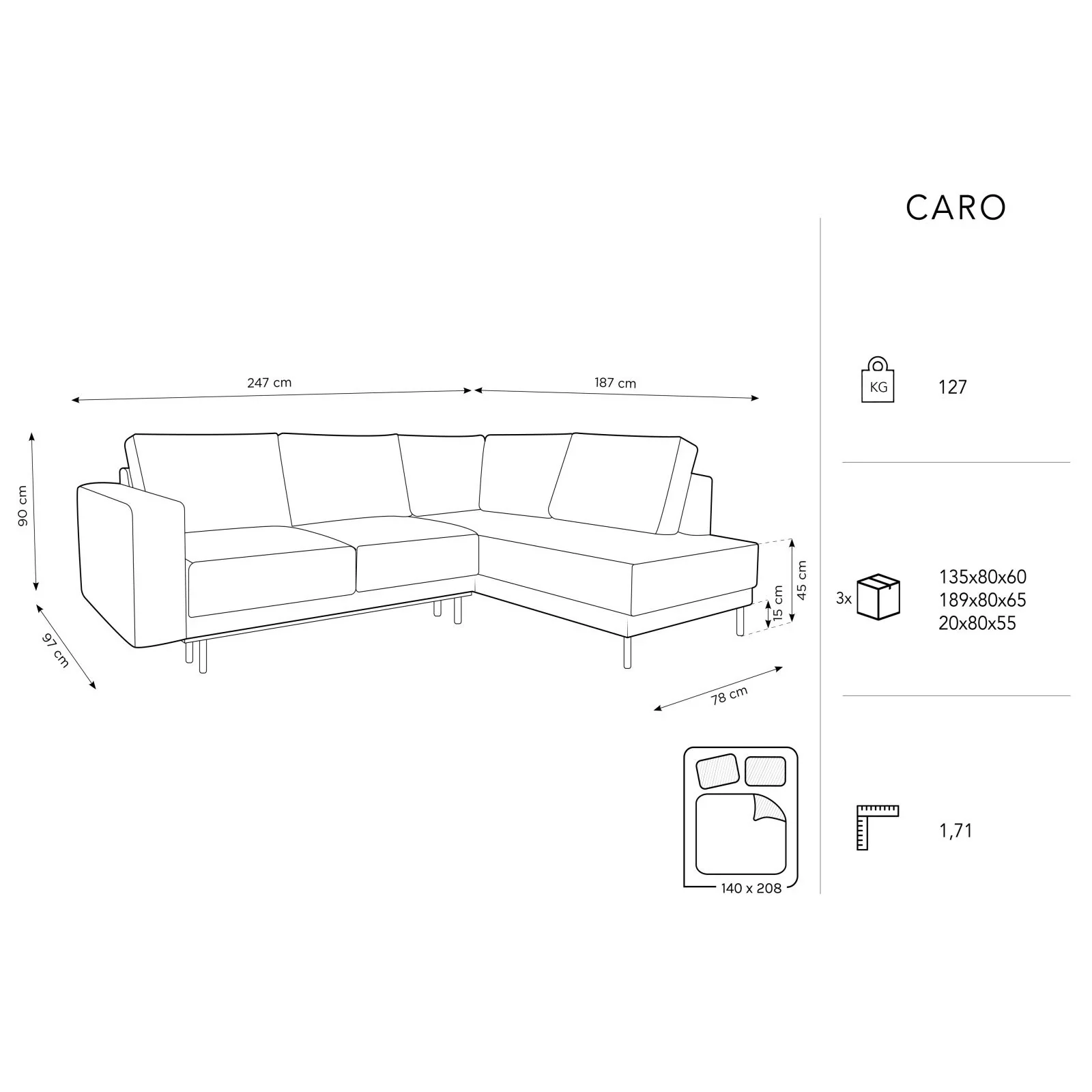 Caro 5-Sitzer Ecksofa Rechte Seite, mit Schlaffunktion, in Samt oder Strukturstoff, 247x187 cm - Image 70