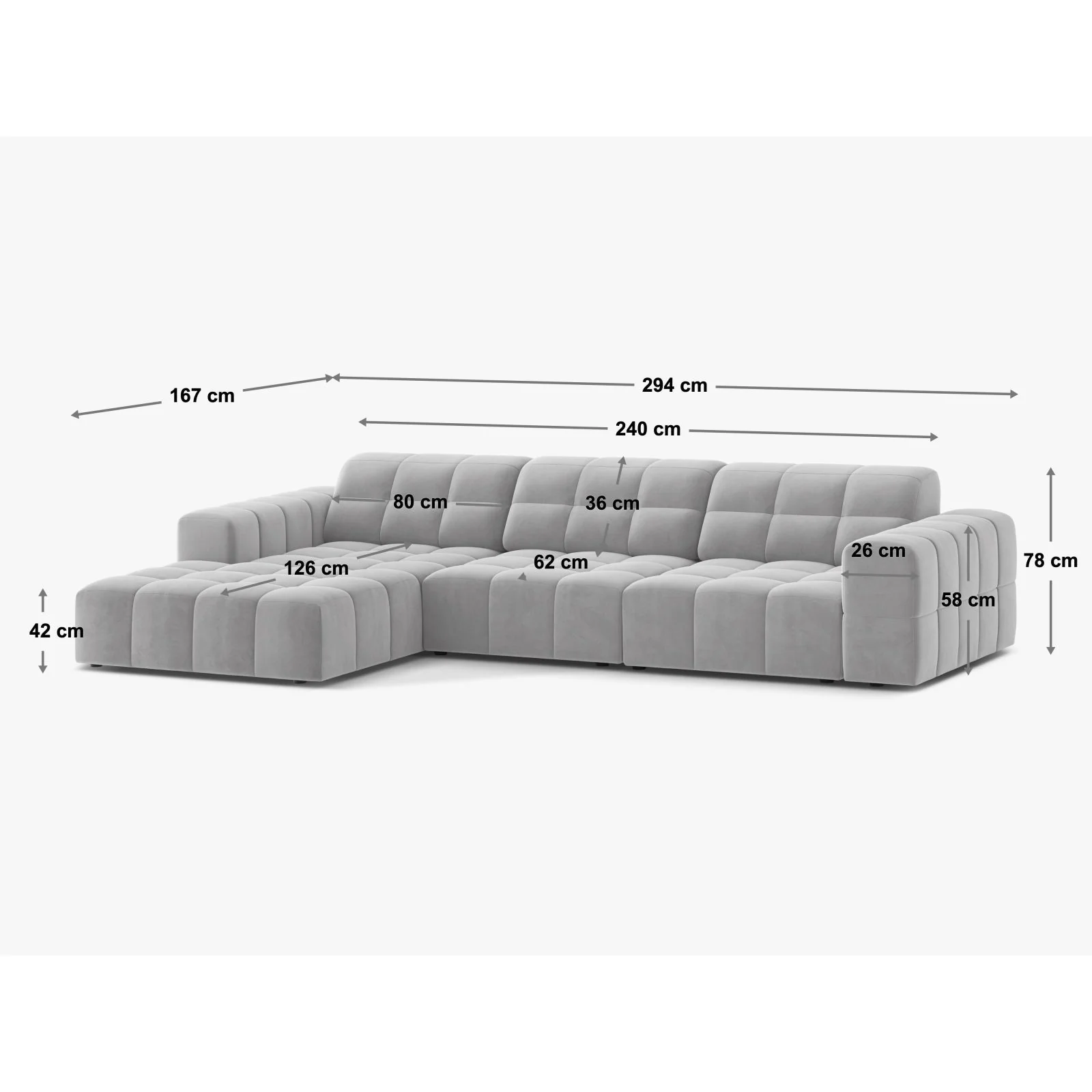 Chicago 4-Sitzer Ecksofa, Rechte Seite, aus Samt oder Chenille, 294x167 cm - Image 87