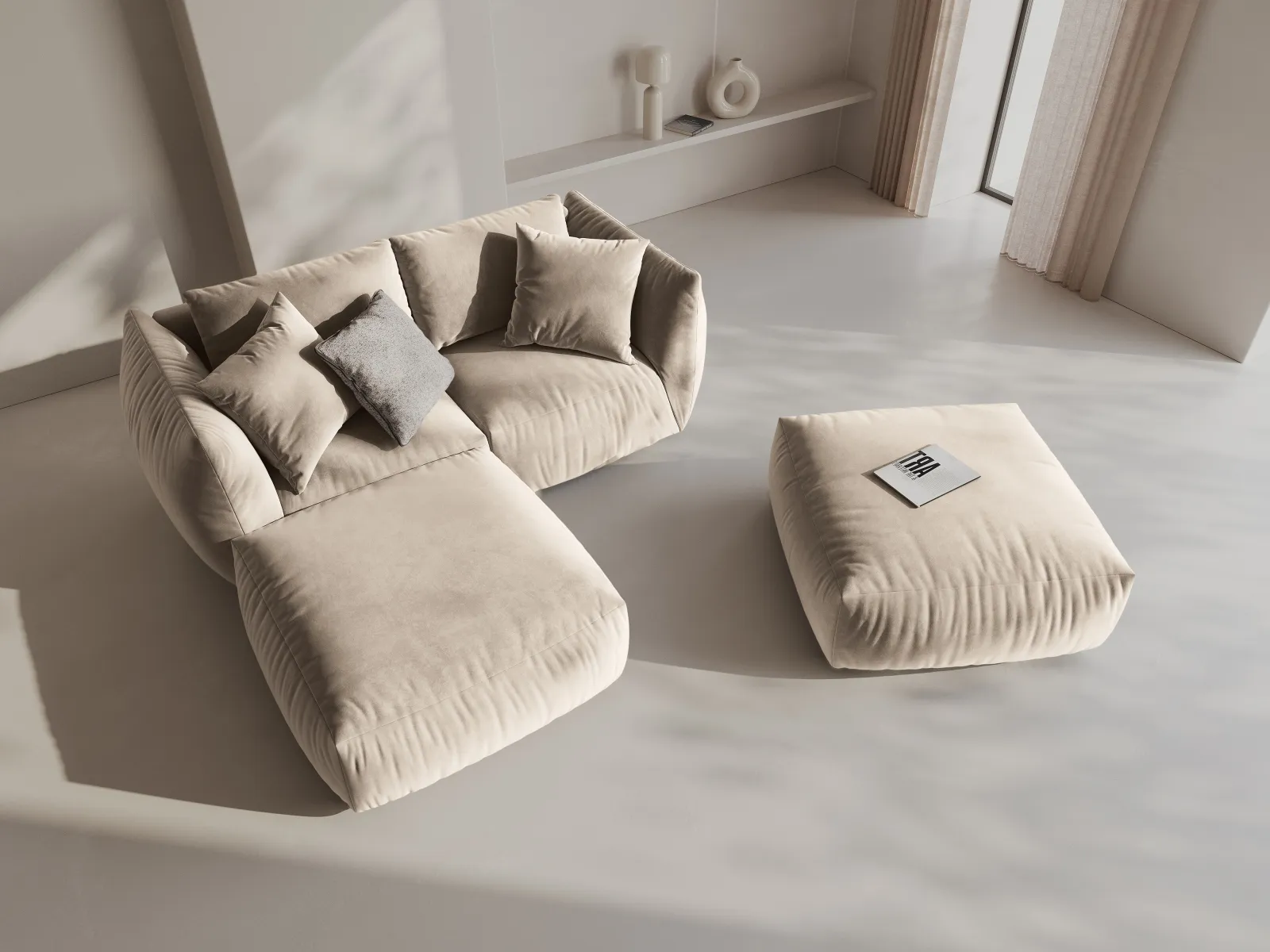 Chris 3-Sitzer Ecksofa mit Poufmodul in Leinenoptik aus Samt oder Strukturstoff, 220x200 cm - Image 2