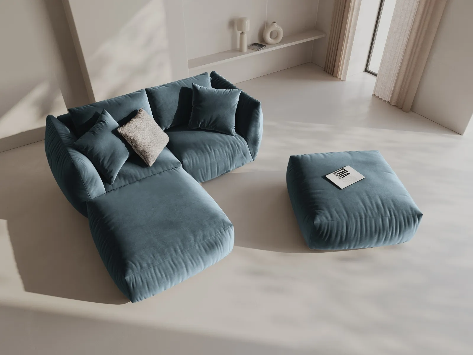 Chris 3-Sitzer Ecksofa mit Poufmodul in Leinenoptik aus Samt oder Strukturstoff, 220x200 cm - Image 32