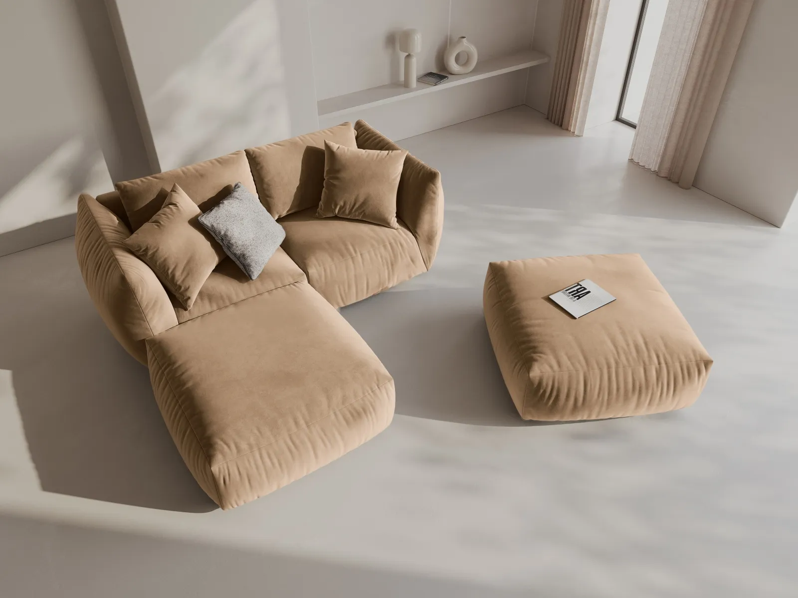 Chris 3-Sitzer Ecksofa mit Poufmodul in Leinenoptik aus Samt oder Strukturstoff, 220x200 cm - Image 8
