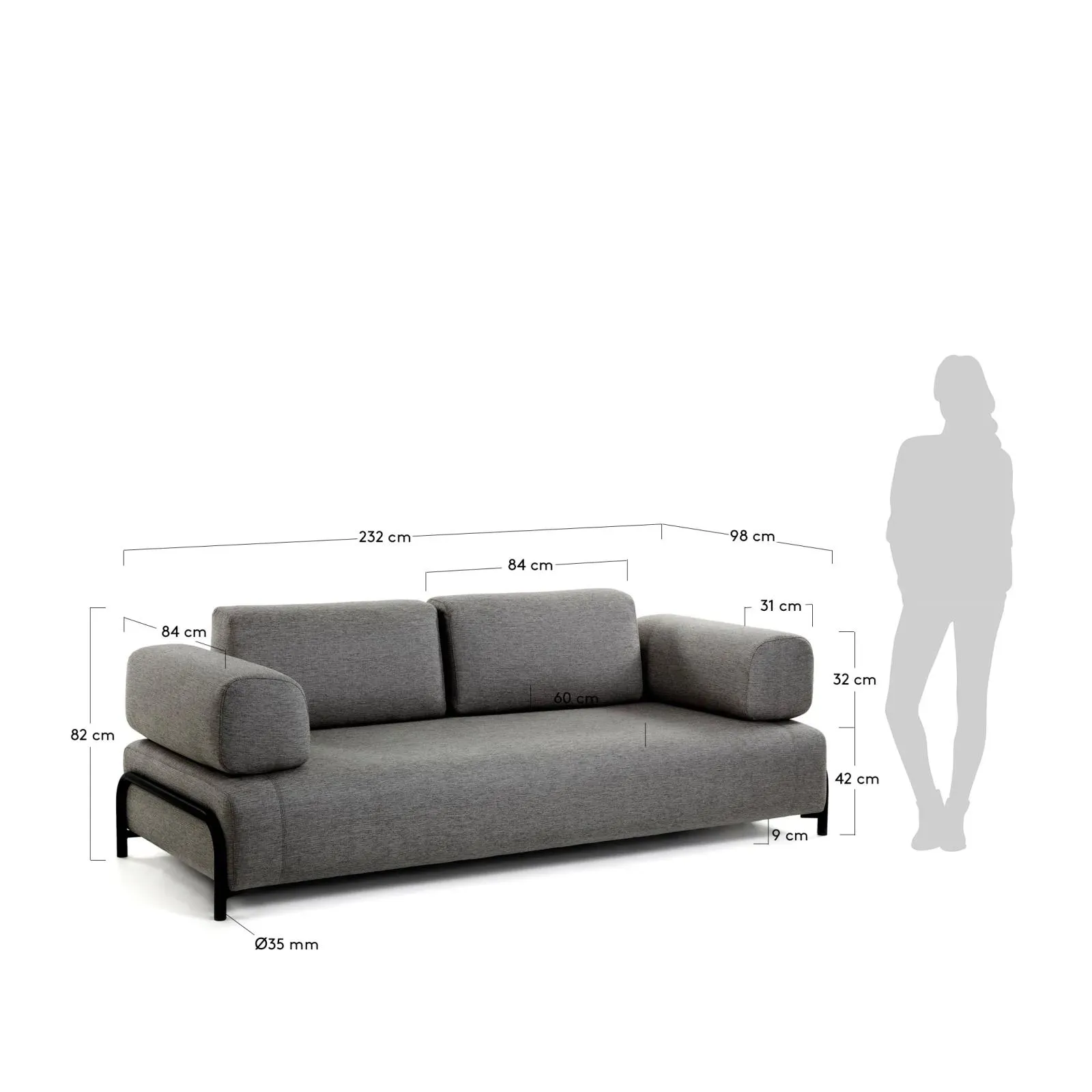 Compo 3-Sitzer Sofa dunkelgrau 232 cm - Image 3