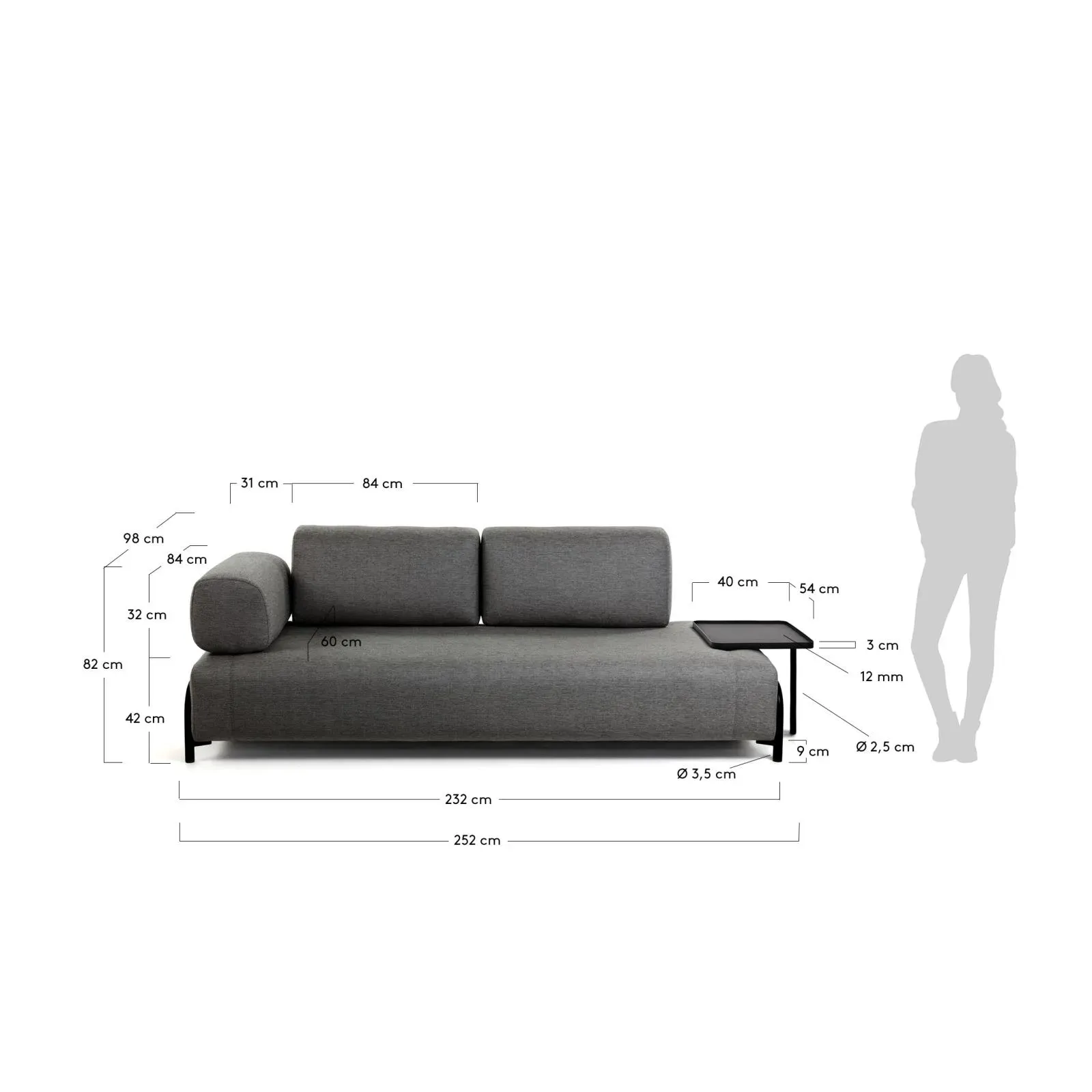 Compo 3-Sitzer Sofa dunkelgrau mit großem Tablett 252 cm - Image 3
