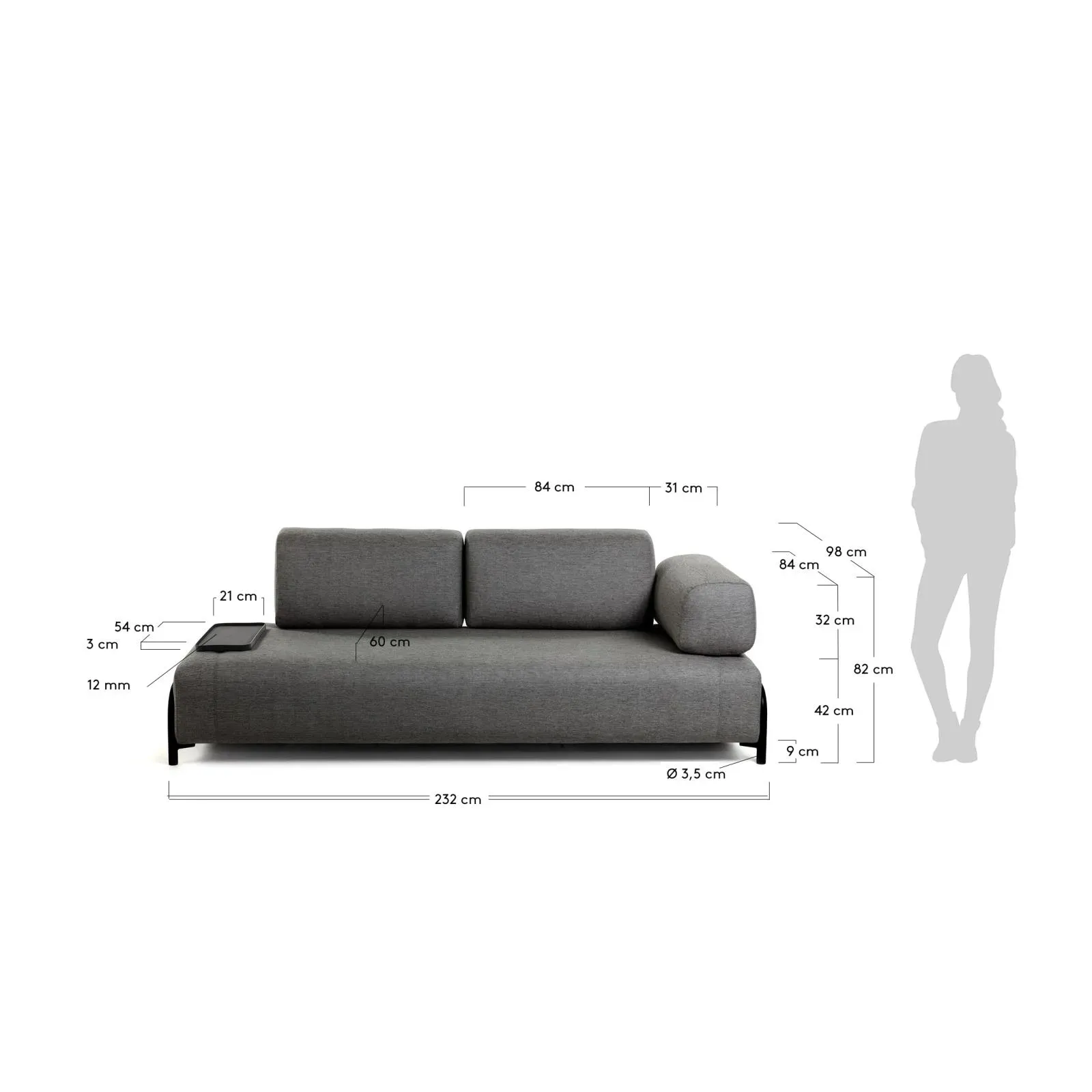 Compo 3-Sitzer Sofa dunkelgrau mit kleinem Tablett 232 cm - Image 3