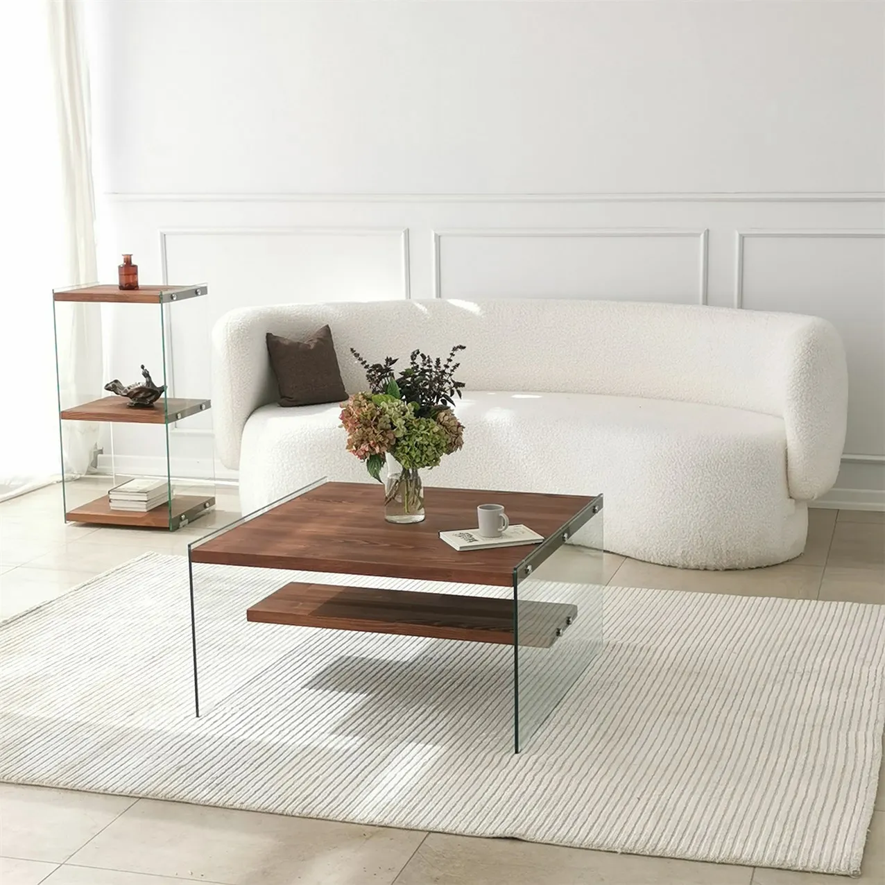 Couchtisch Aqua aus Kiefernholz und gehärtetem Glas, 75×75×40 cm - Image 2