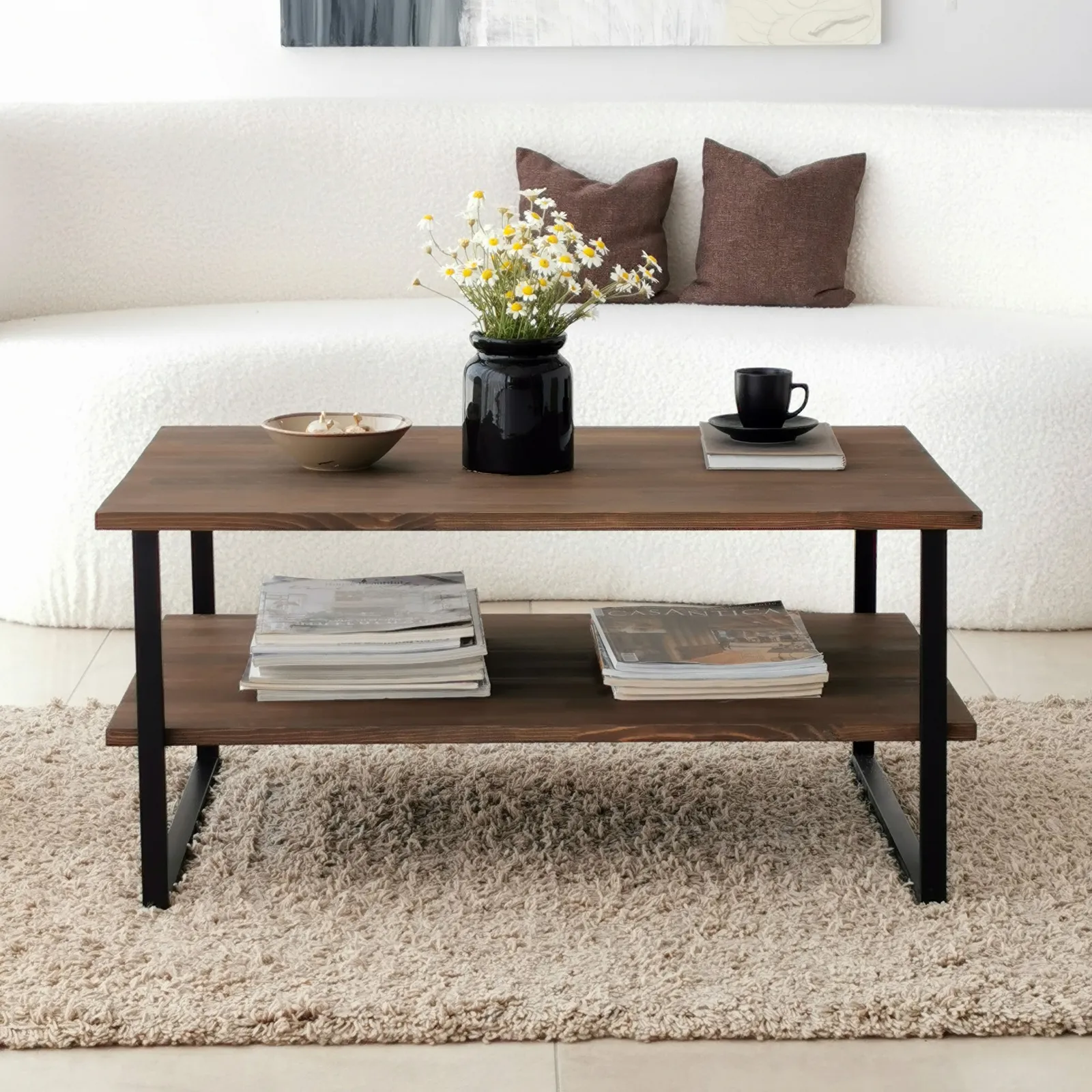 Couchtisch Neta aus massivem Kiefernholz und Metall, 85×60×40 cm - Image 2