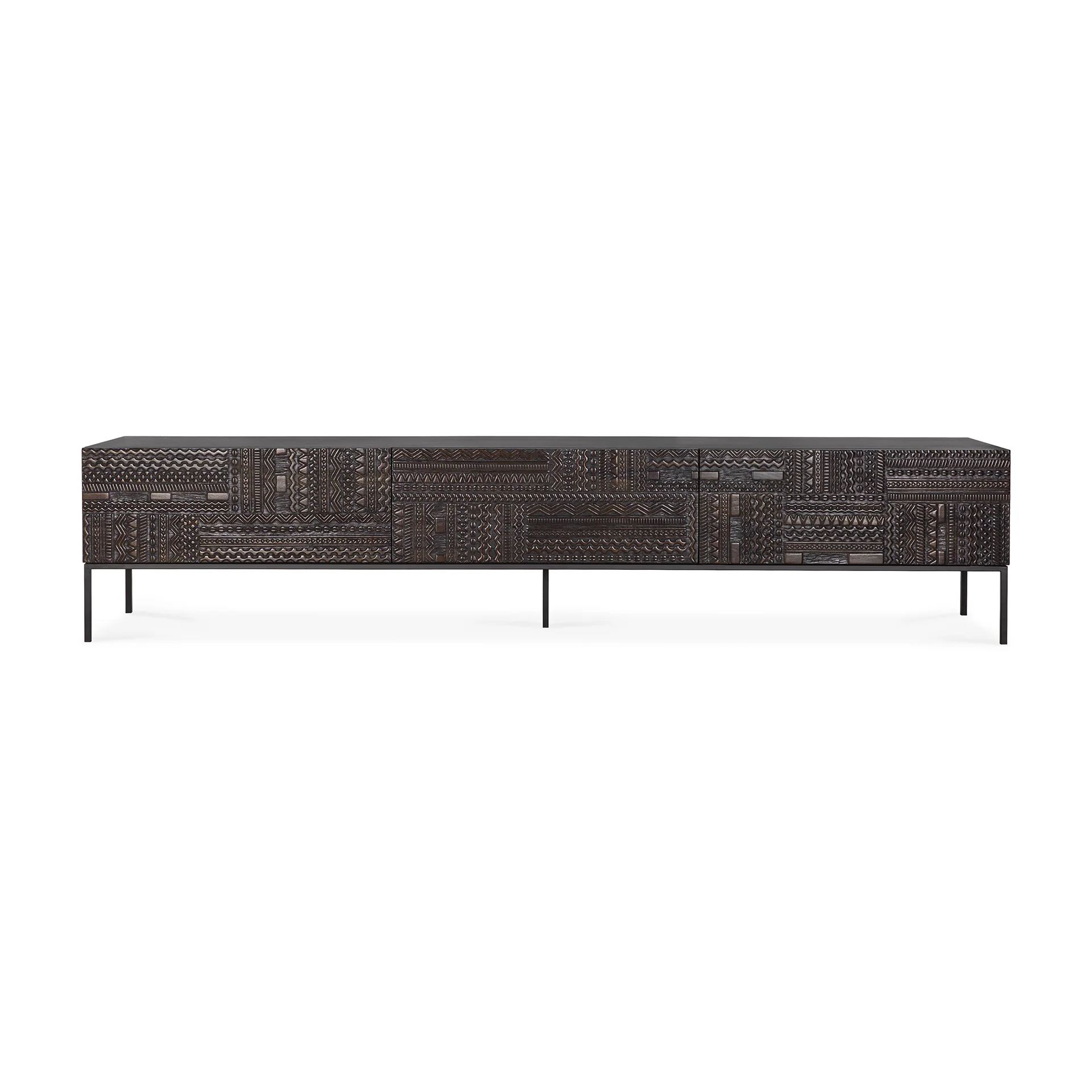 Tabwa TV-Schrank - lackiertes Teak - off black - 1 Klapptür - 2 Schubladen - 240 x 45 x 51 cm