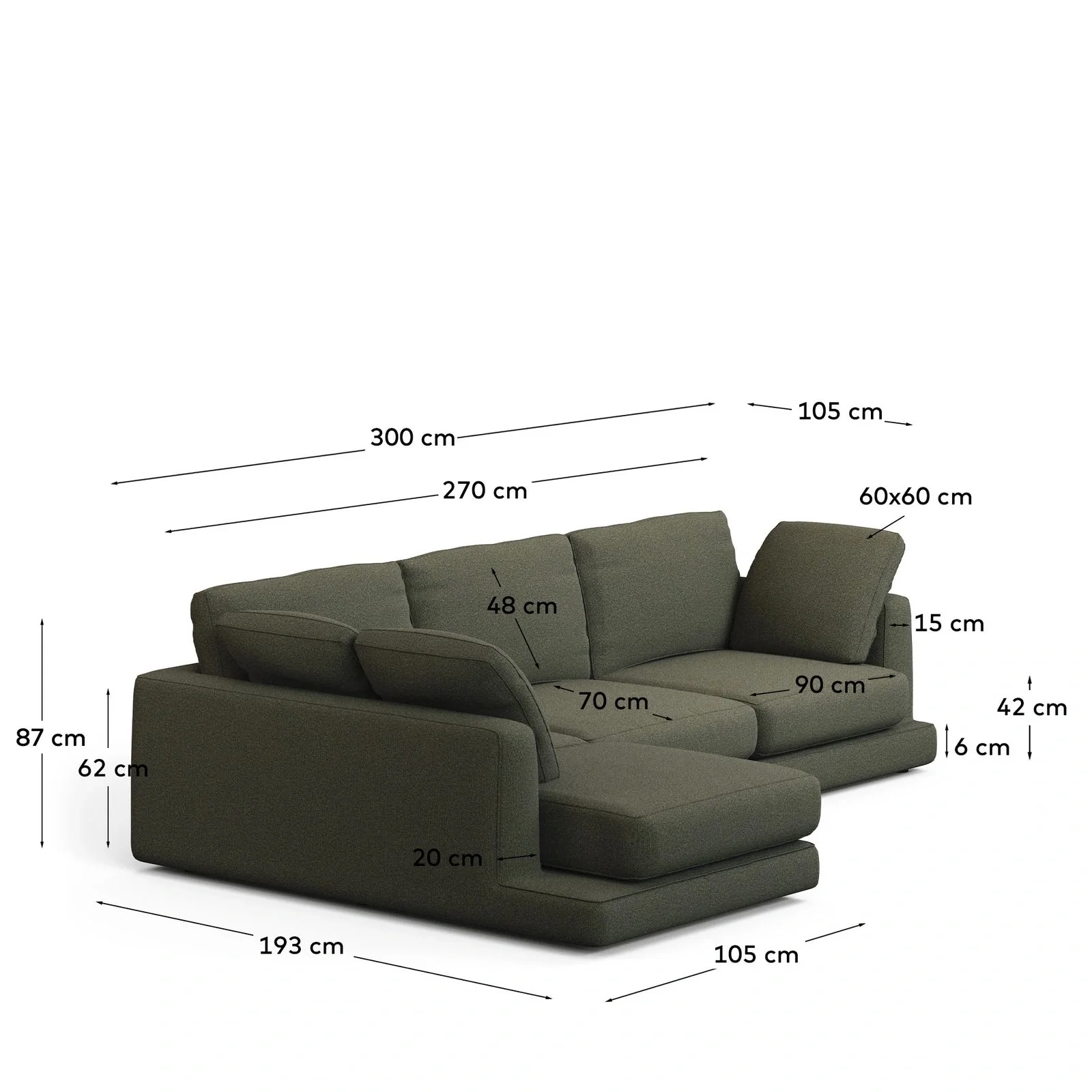 Gala 4-Sitzer-Sofa mit Chaiselongue links aus dunkelgrüner Chenille FSC Mix Credit 300 cm - Image 3