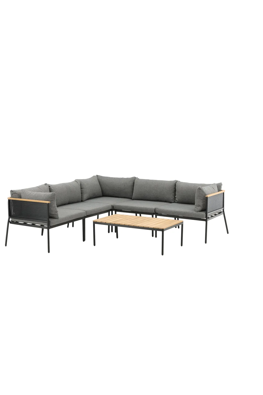 Garten Ecksofagruppe Nettan aus schwarzem Stahl, Teak und Polyester in Grau