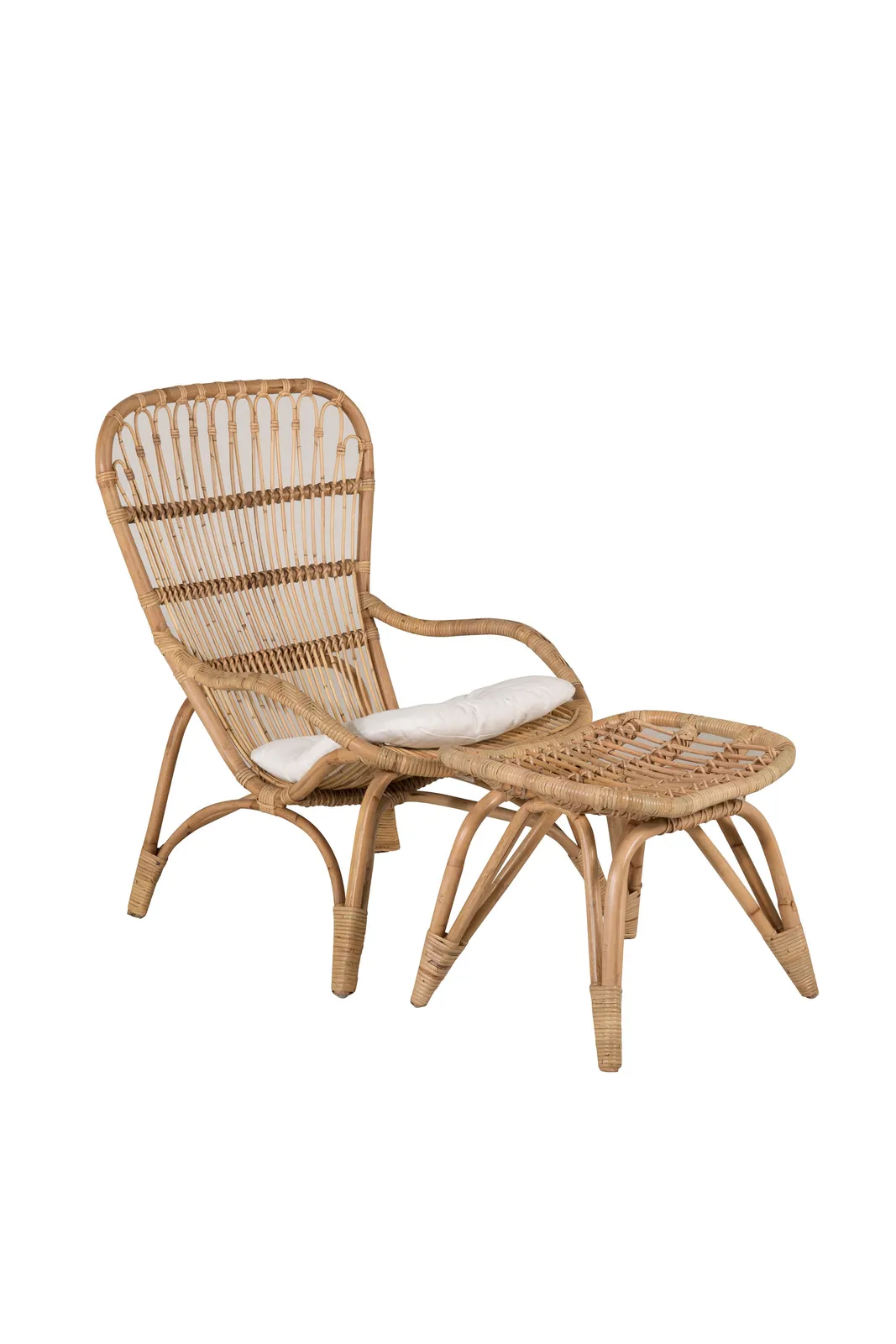 Garten Sessel Ella aus Rattan mit Offwhite Kissen und Fusshocker