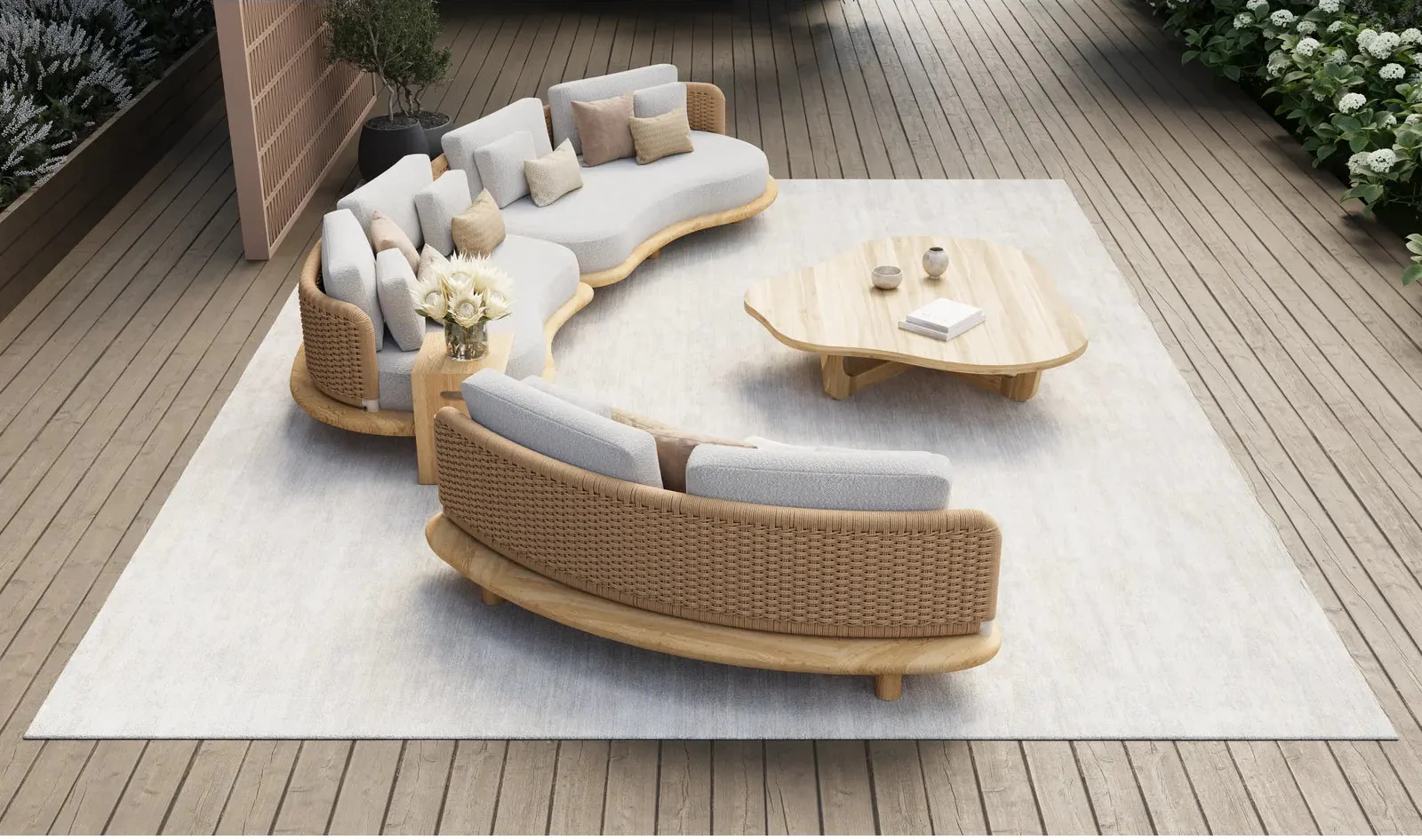 Garten Sofa Orosei, Mittelstück, aus Naturteak und Seil in Natur, 218×126×63 cm - Image 4