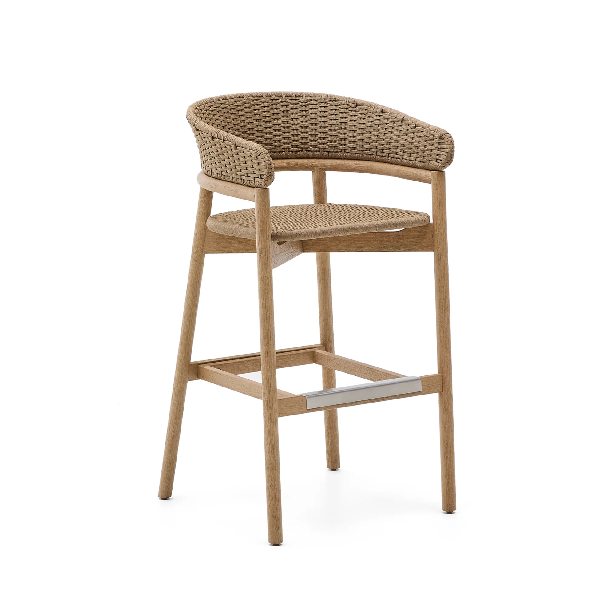 Hocker Arinella aus massivem Akazienholz mit Finish in natürlichem Farbton und beige Seil 75 cm FSC 100%