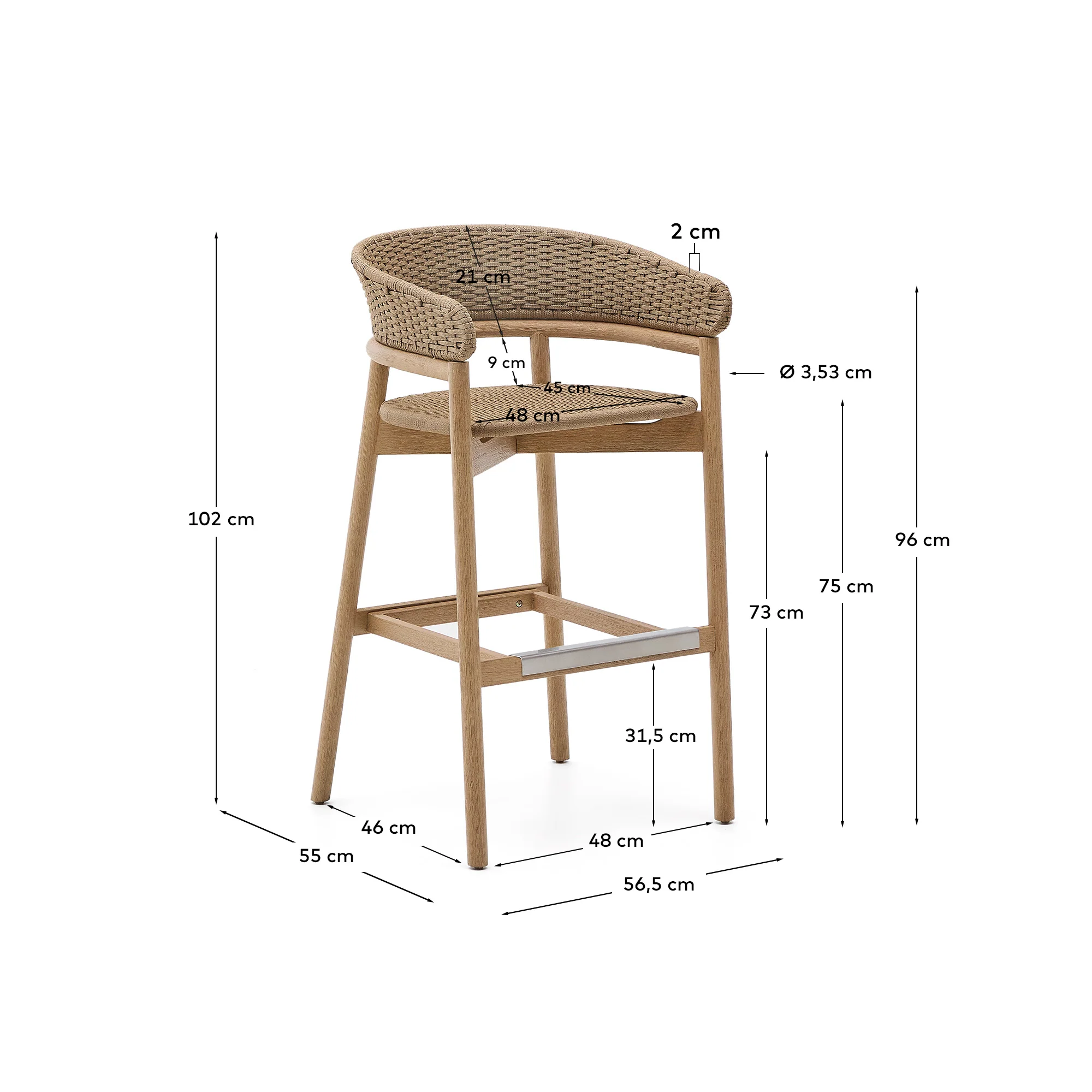 Hocker Arinella aus massivem Akazienholz mit Finish in natürlichem Farbton und beige Seil 75 cm FSC 100% - Image 13