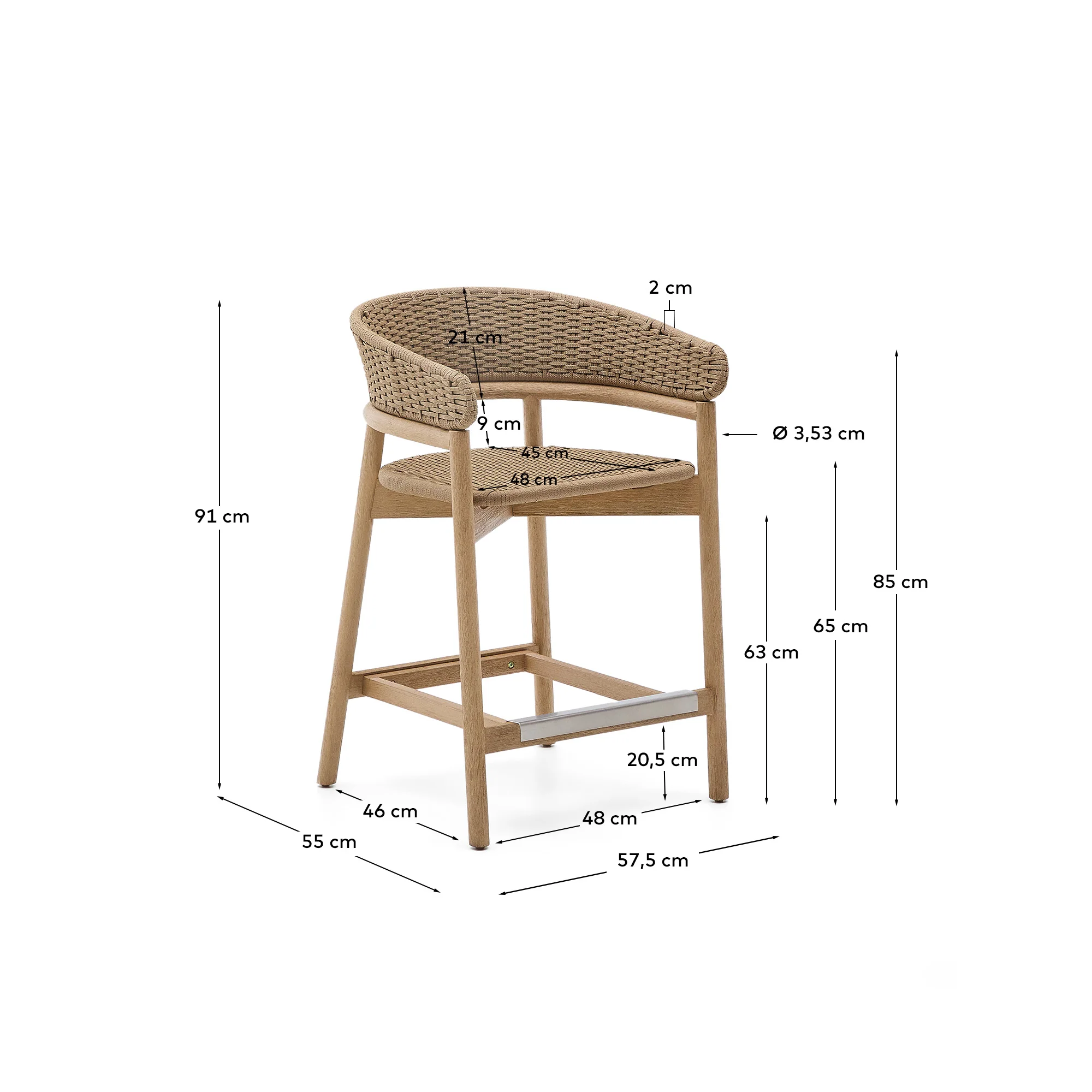 Hocker Arinella aus massivem Akazienholz mit Finish in natürlichem Farbton und beigem Seil 65 cm FSC 100% - Image 13