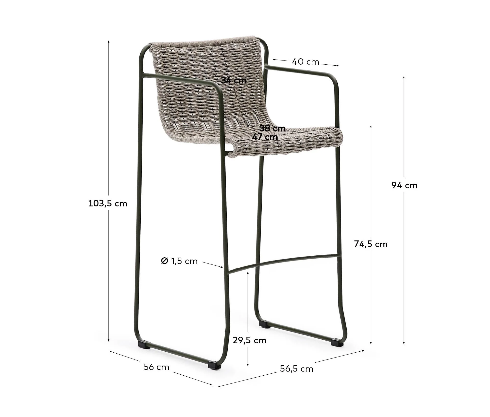 Hocker Maurina aus grün verzinktem Stahl mit écrufarbenem und grauem Seil 74,5 cm - Image 9