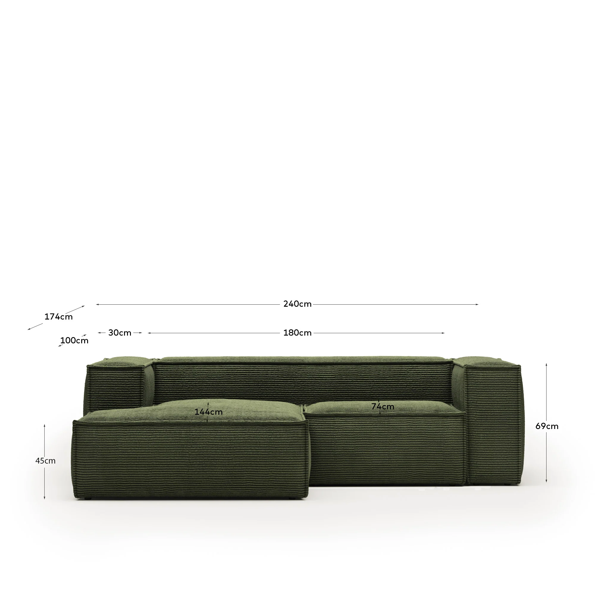 Blok 2-Sitzer-Sofa mit Chaiselongue links breiter Cord grün 240 cm - Image 3
