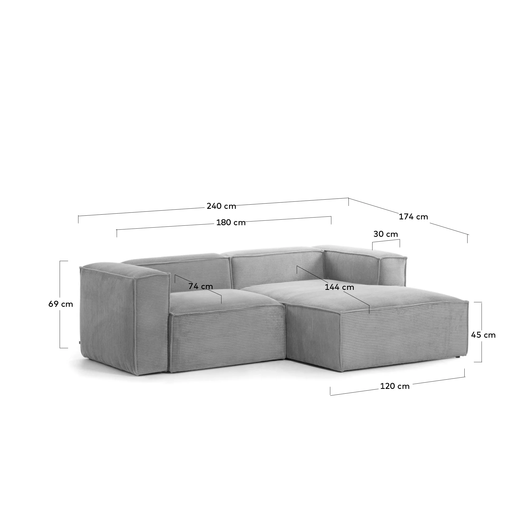 Blok 2-Sitzer-Sofa mit Chaiselongue rechts breiter Cord grau 240 cm - Image 4