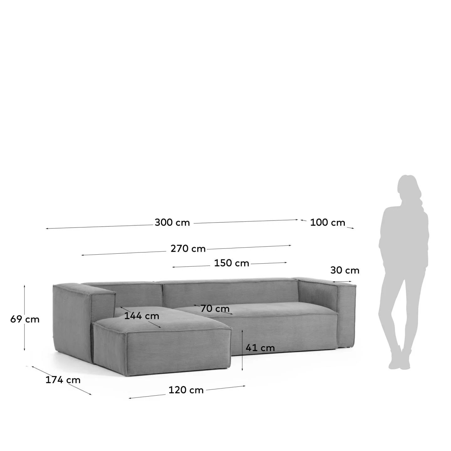 Blok 3-Sitzer-Sofa mit Chaiselongue links breiter Cord grau 300 cm - Image 3