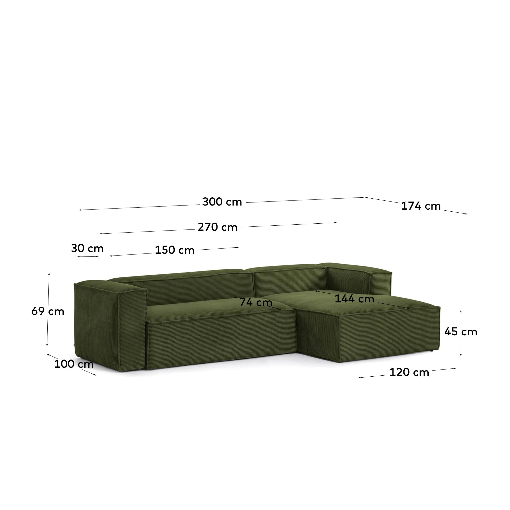 Blok 3-Sitzer-Sofa mit Chaiselongue rechts breiter Cord grün 300 cm - Image 4