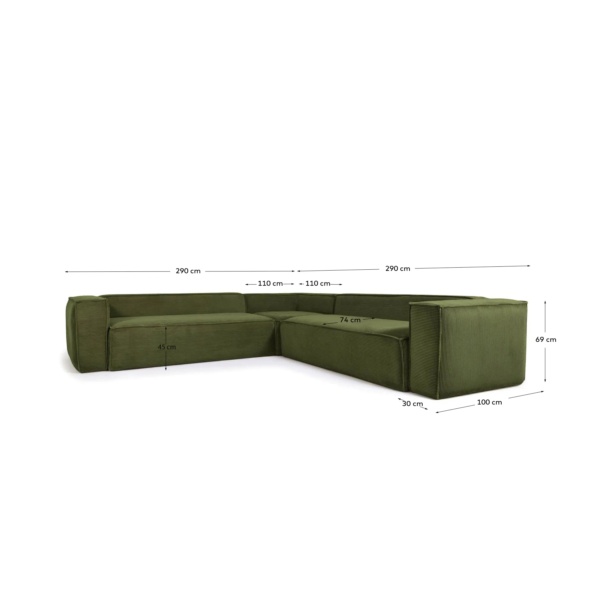 Blok 4-Sitzer Ecksofa dicker Cord grün 290 x 290 cm - Image 4