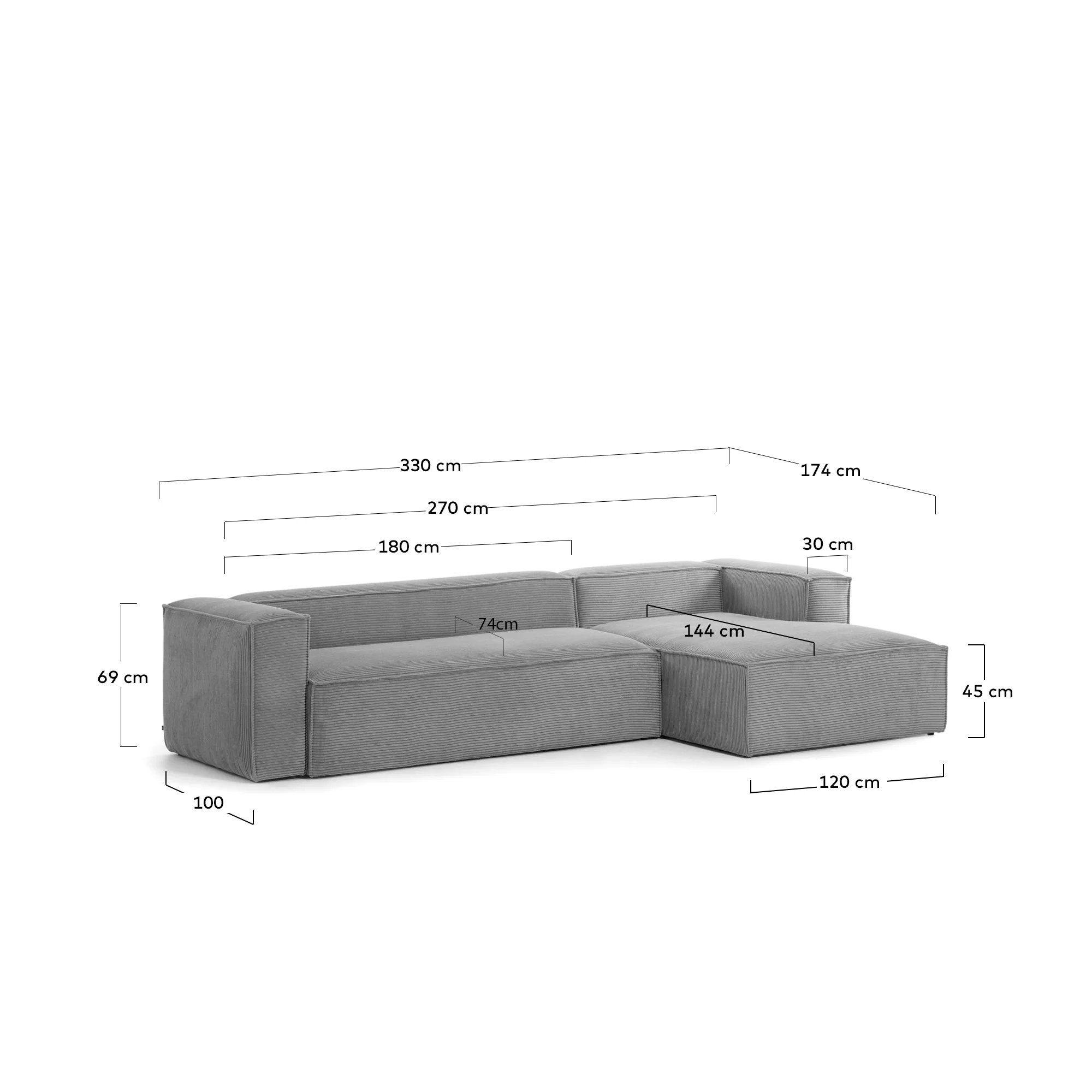 Blok 4-Sitzer-Sofa mit Chaiselongue rechts breiter Cord grau 330 cm - Image 3
