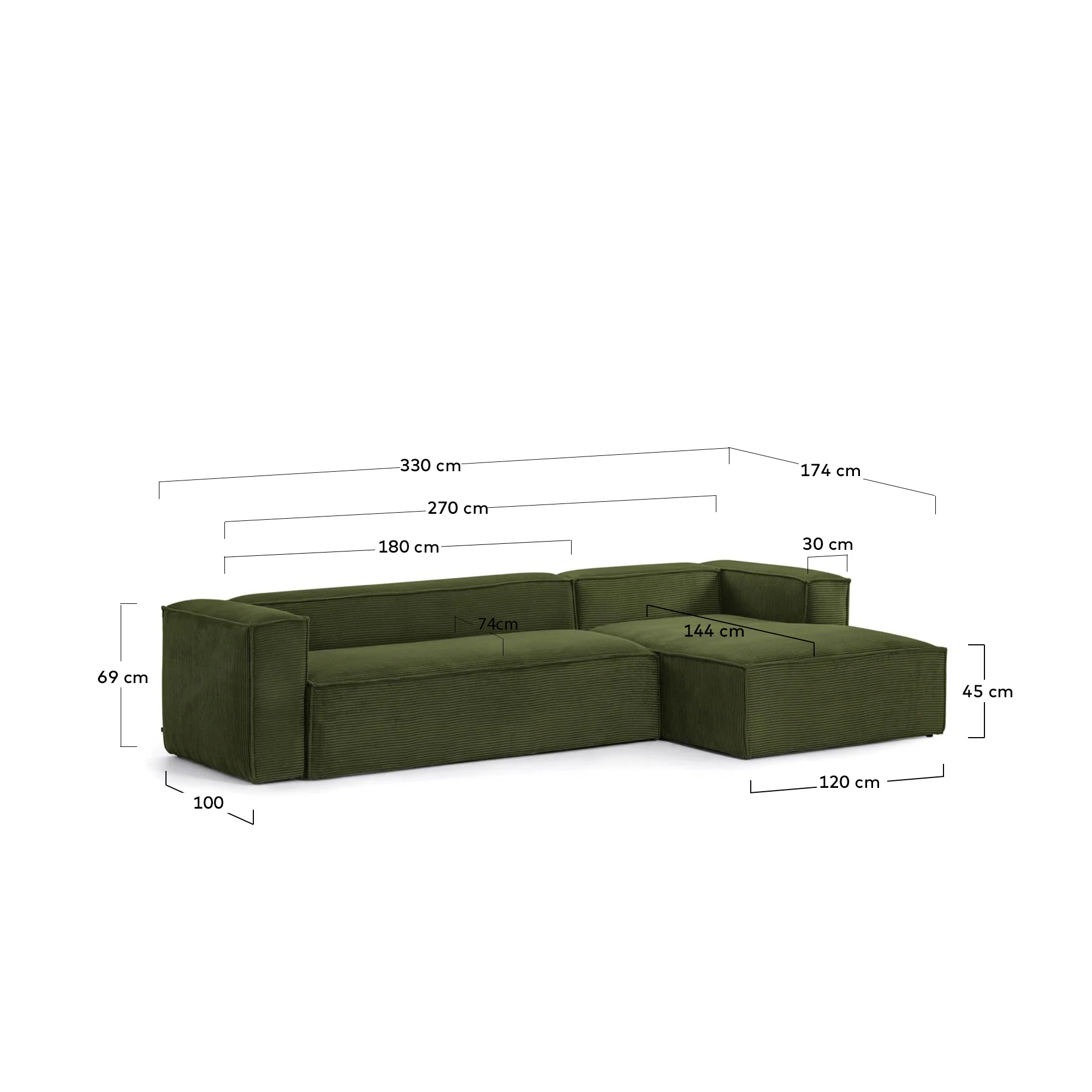 Blok 4-Sitzer-Sofa mit Chaiselongue rechts und breitem Cord grün 330cm - Image 4